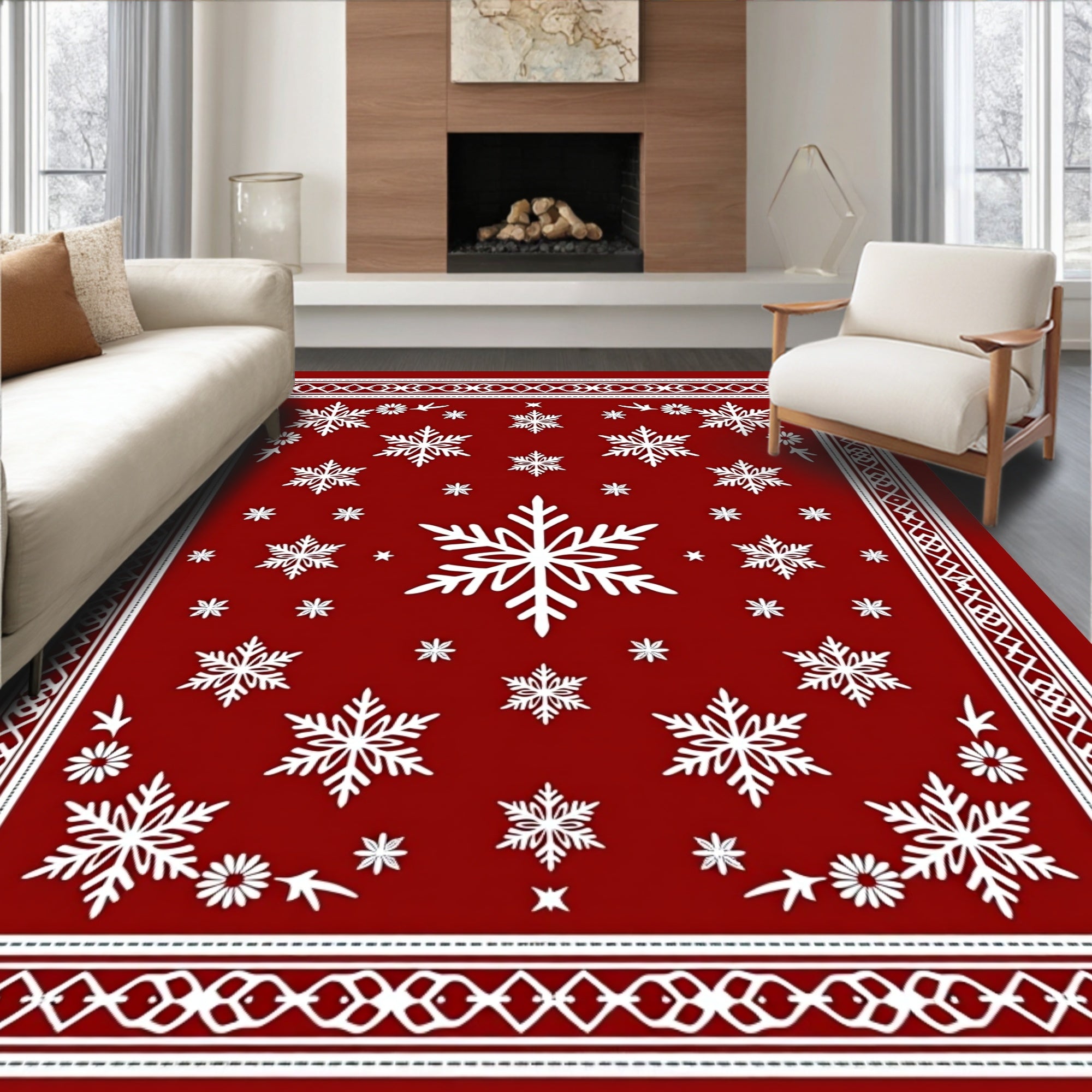 Crimson White Snowflake Bordered Throw Rug