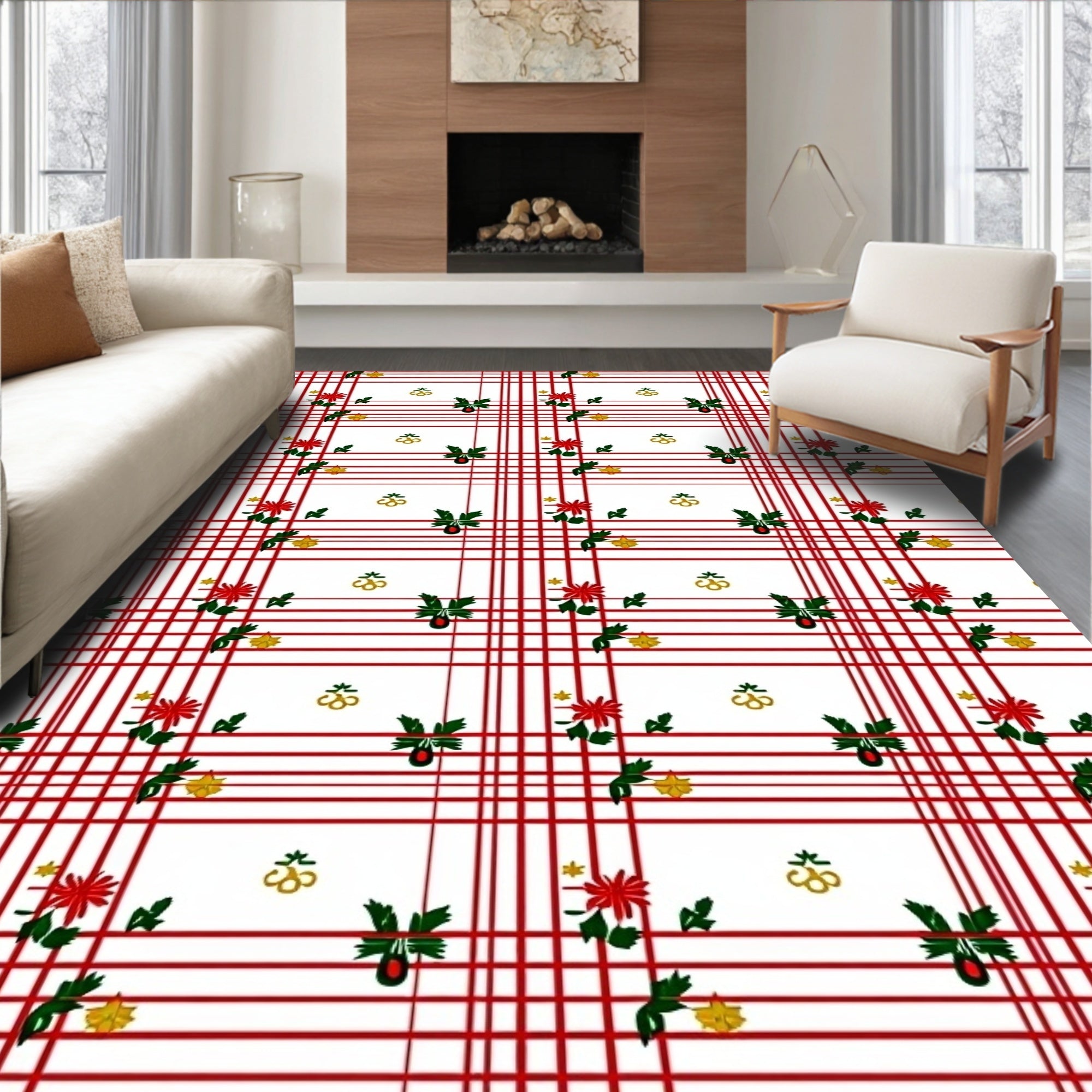 Holiday Red Plaid Floral Bells Rug