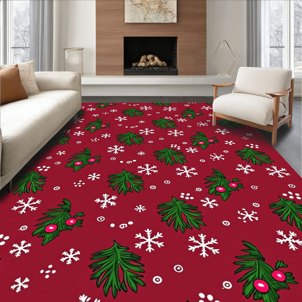 Holliday Green Fir Snowflakes Red Rug