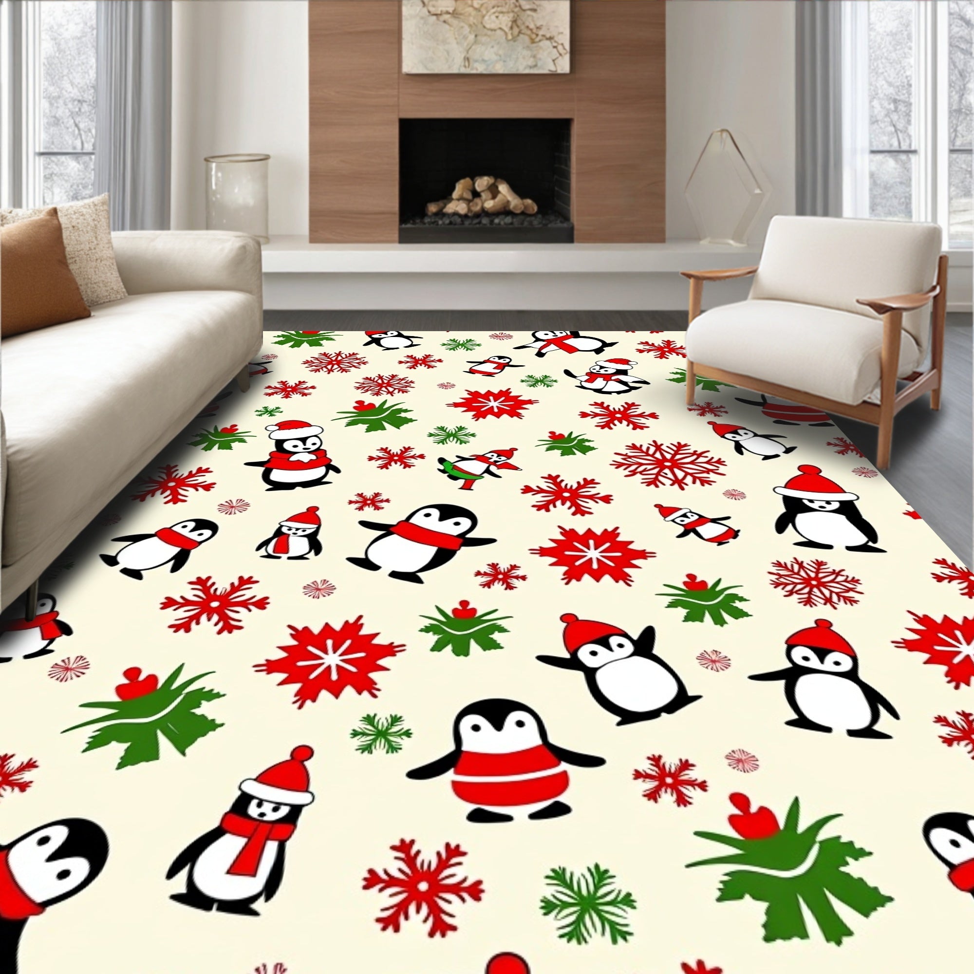 Festive Penguin Snowflakes Cream Rug