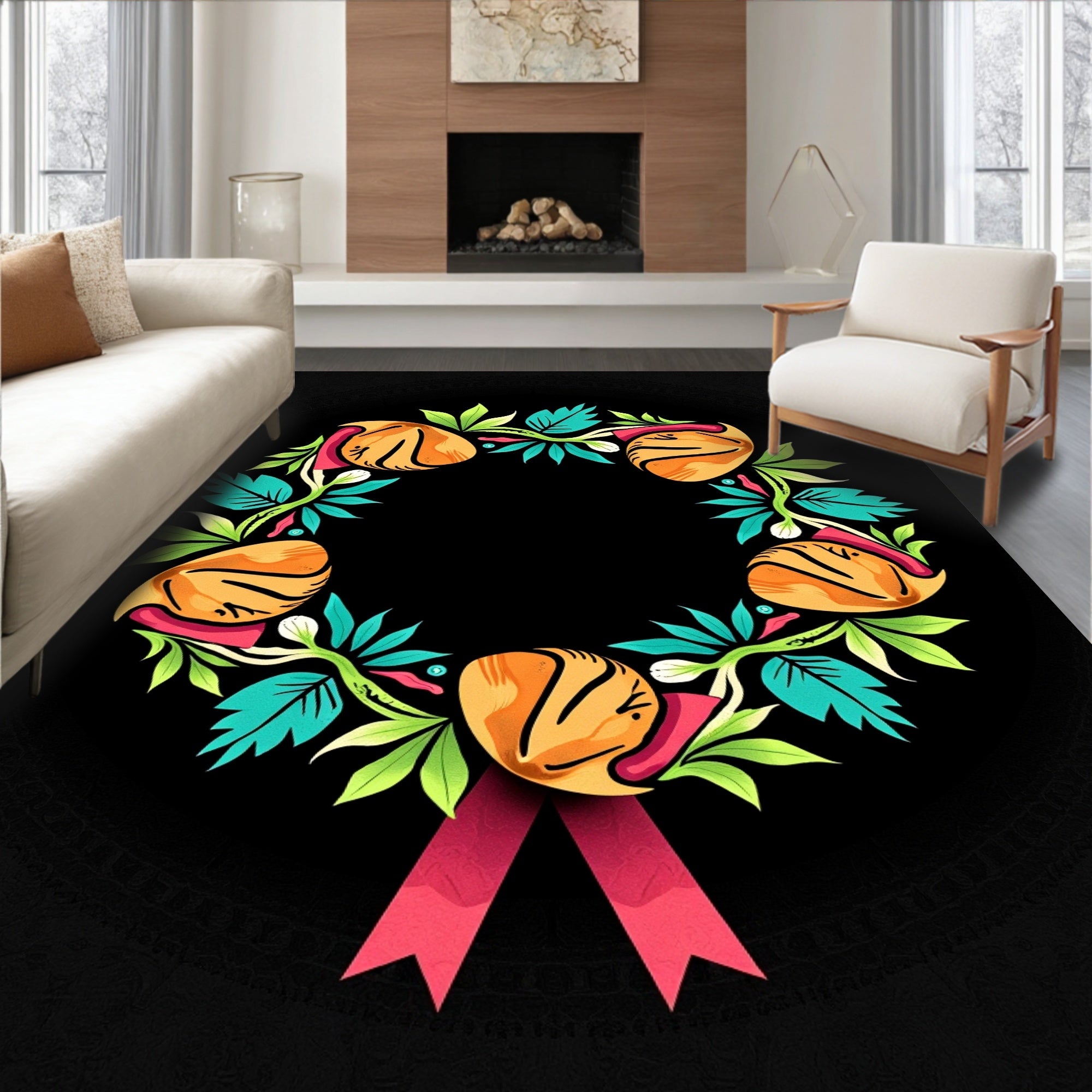 Whimsical Orange Bell Botanical Garland Rug