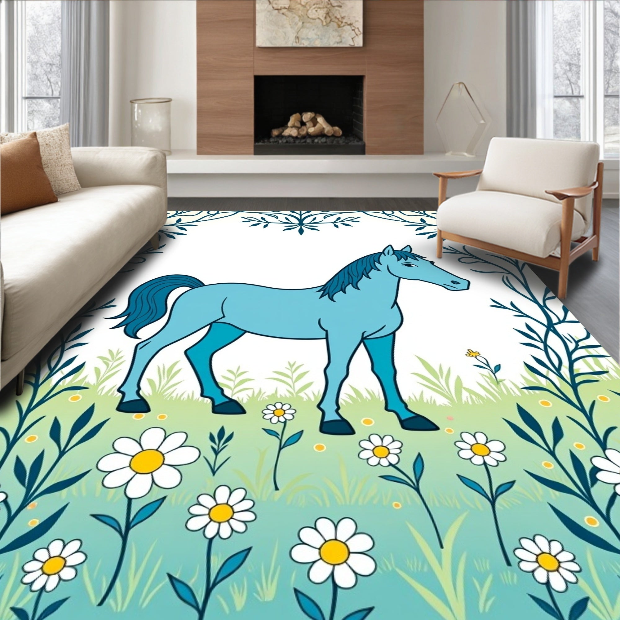 Cerulean Horse Meadow Daisy Border Rug