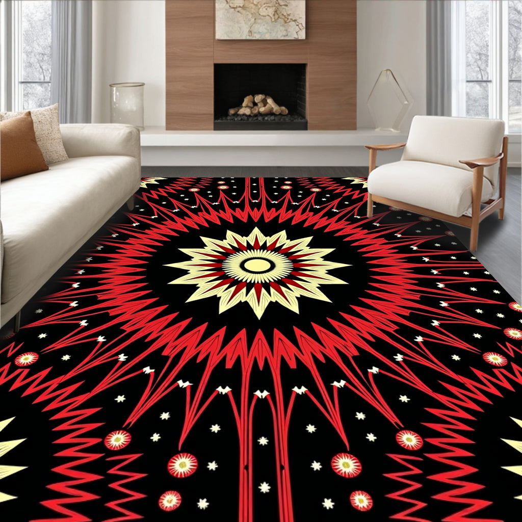 Crimson Yellow Sunburst Rays Rug