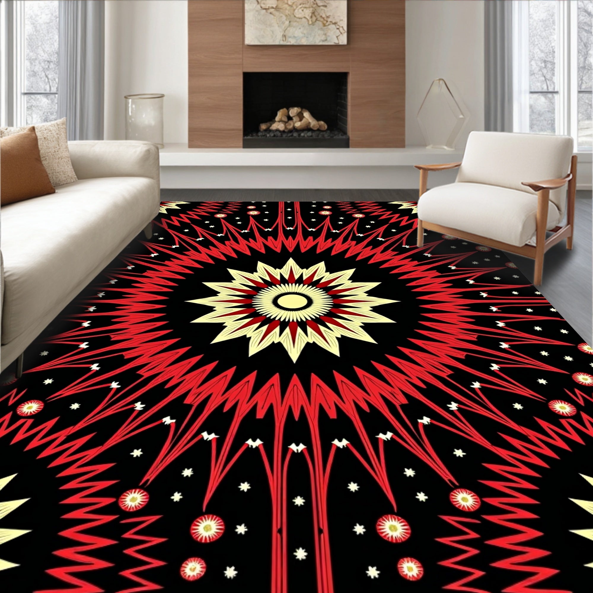 Crimson Yellow Sunburst Rays Rug