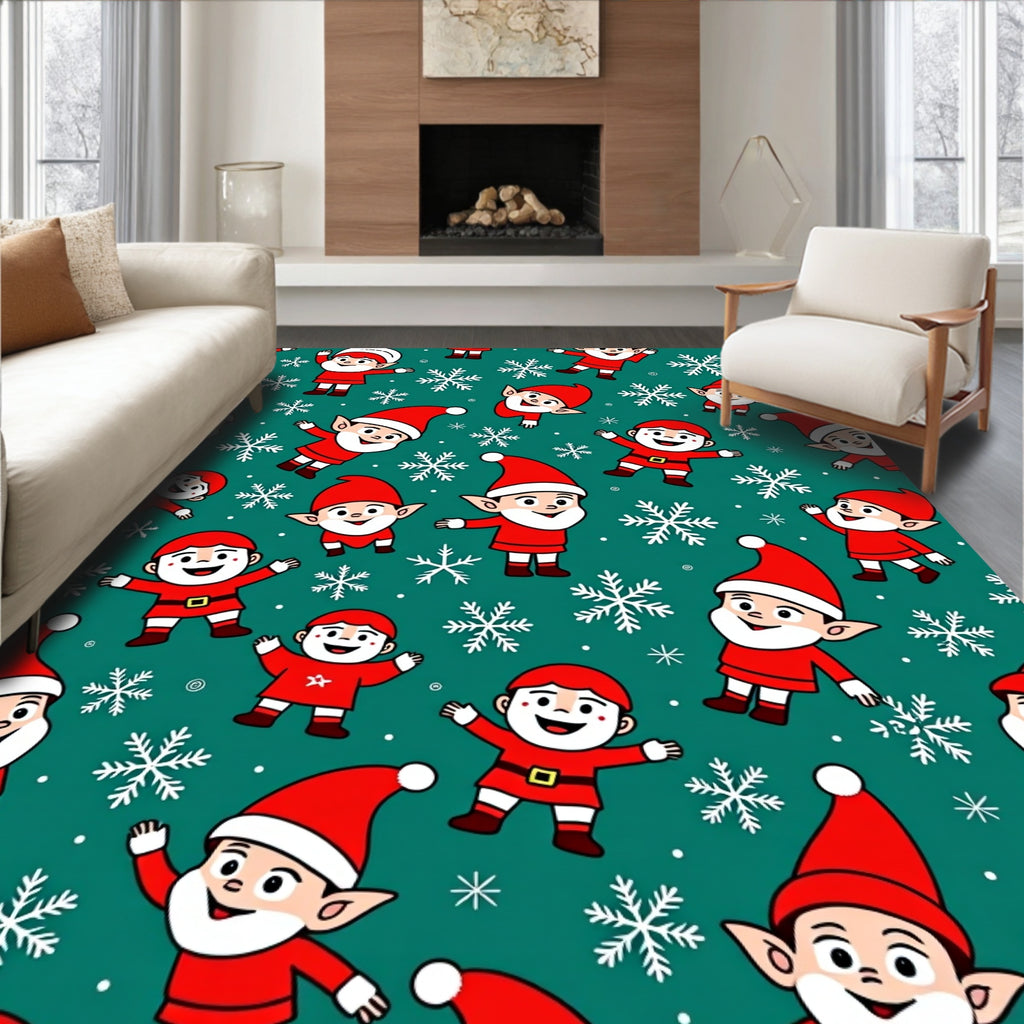 Festive Elves Snowflakes Teal Background Rug