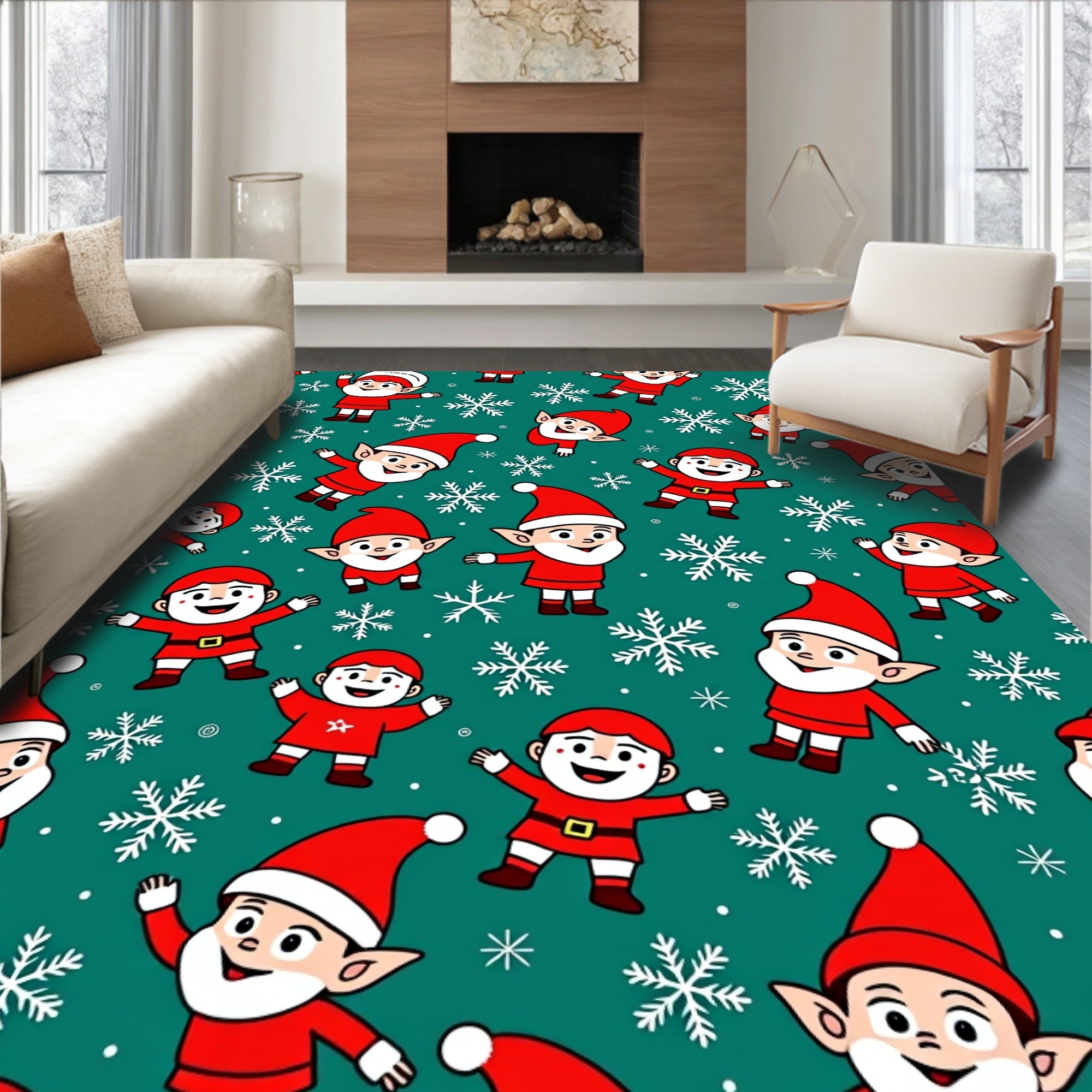 Festive Elves Snowflakes Teal Background Rug