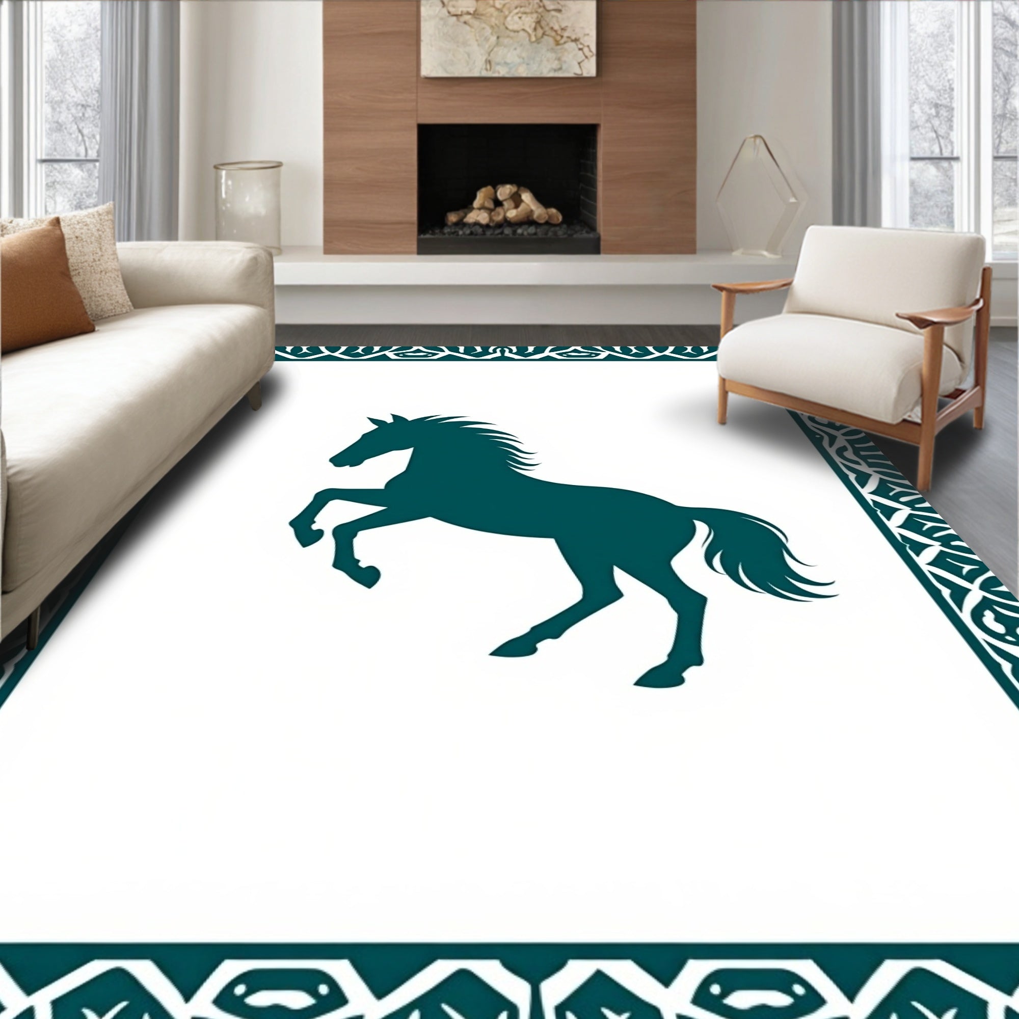 Teal Silhouette Rearing Horse Border Rug