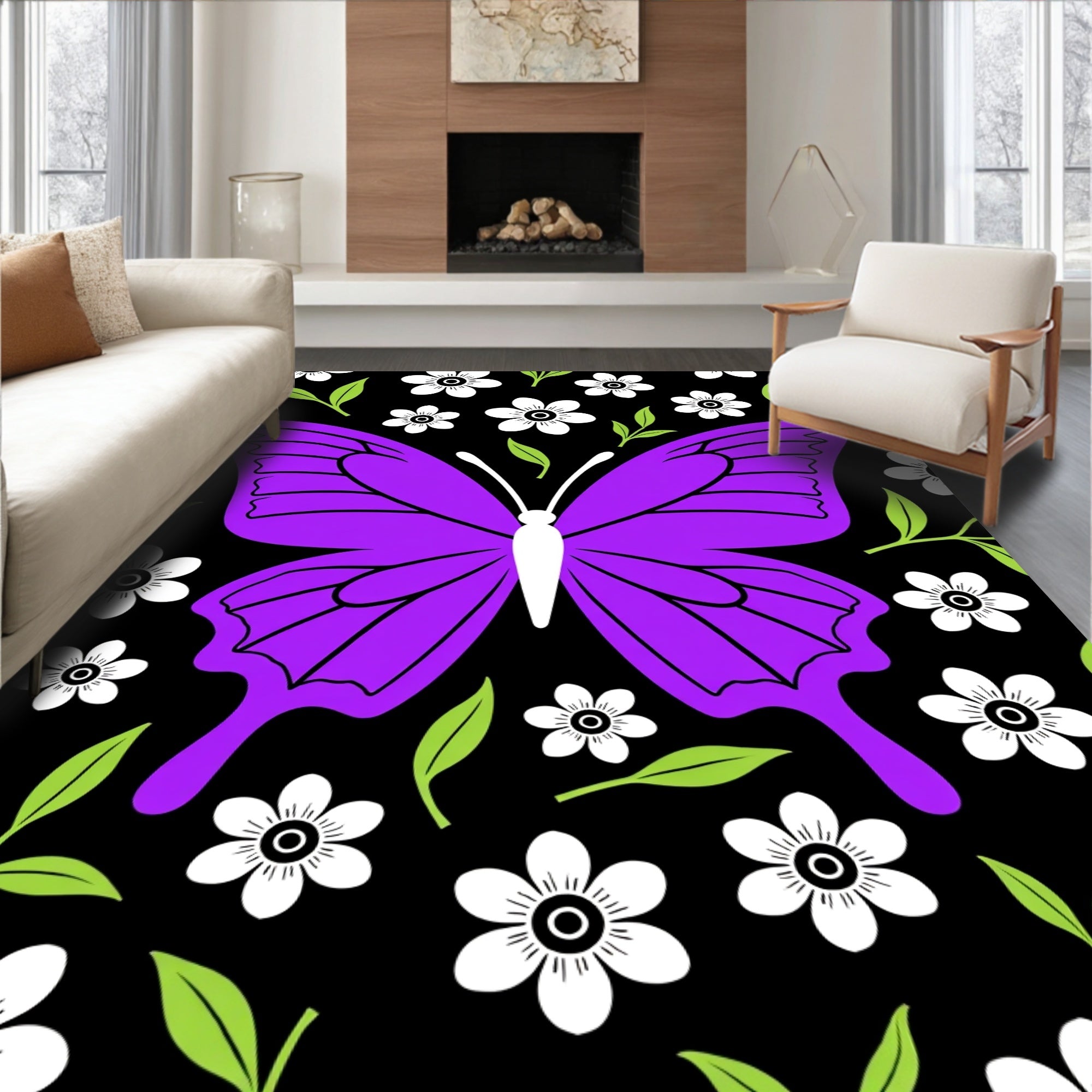 Vibrant Purple Butterfly Floral Garden Rug