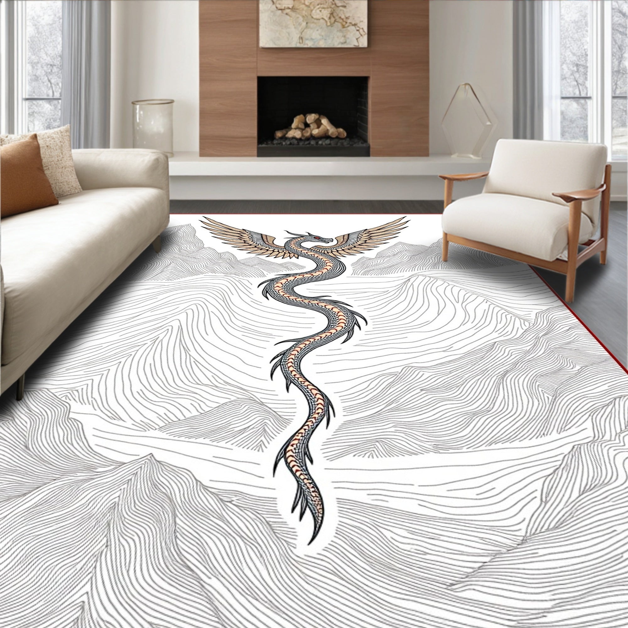Mythic Winged Serpent Mountain Landscape Rug