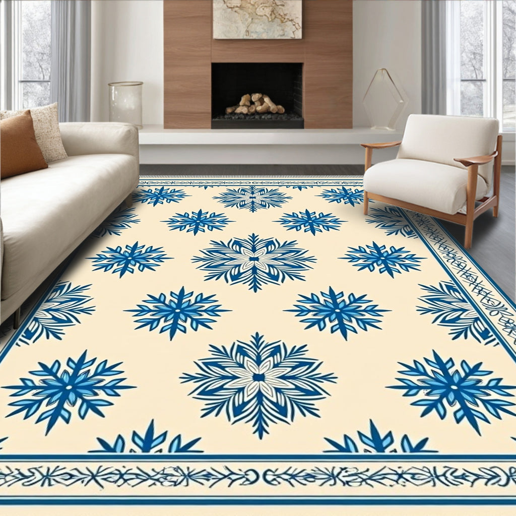 Cream And Blue Snowflake Medallion Overlay Rug