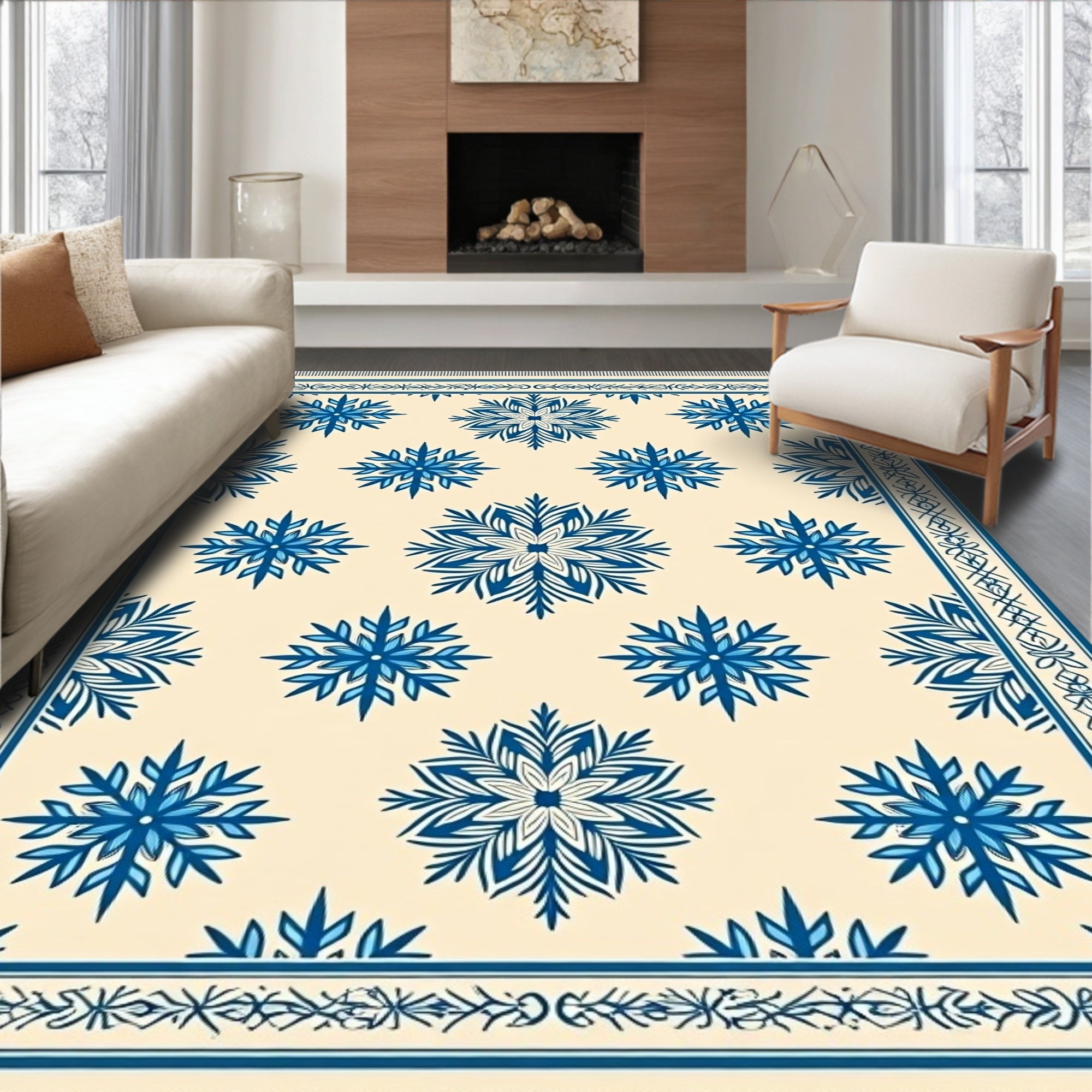 Cream And Blue Snowflake Medallion Overlay Rug