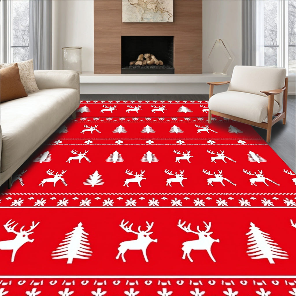 Red White Reindeer Christmas Trees Rug