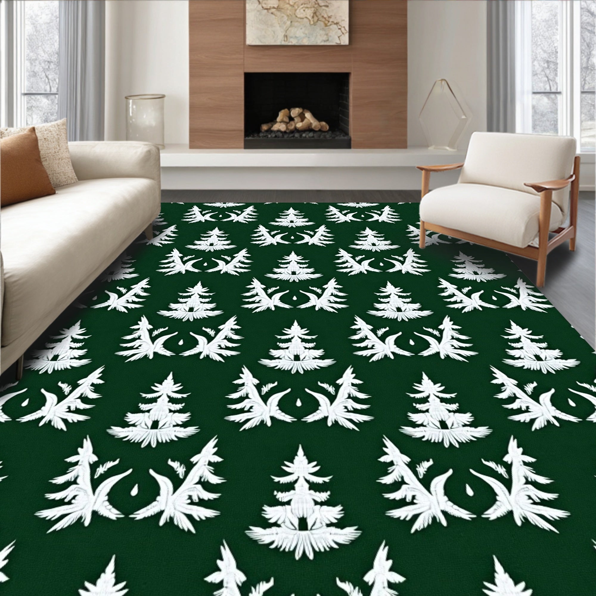 White Forest Symmetry Green Rug