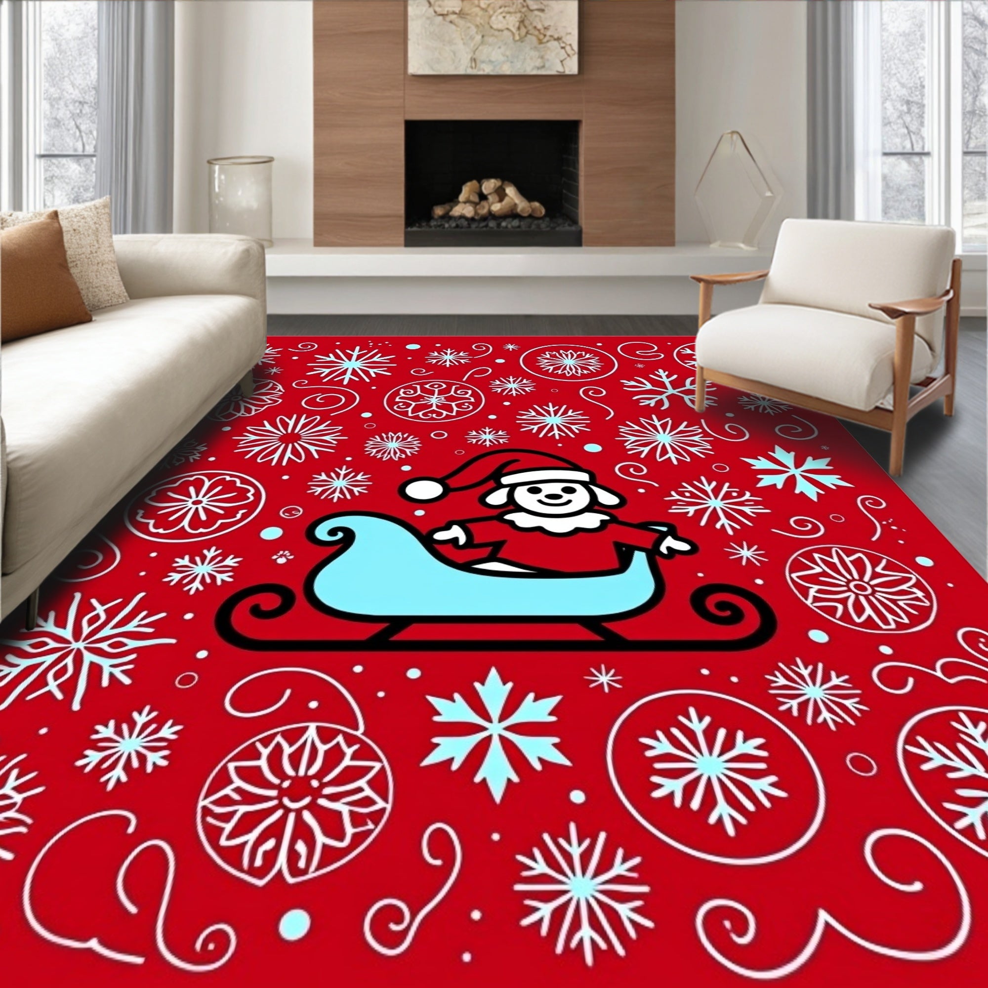 Red Sledding Dog Snowflake Wonderland Rug