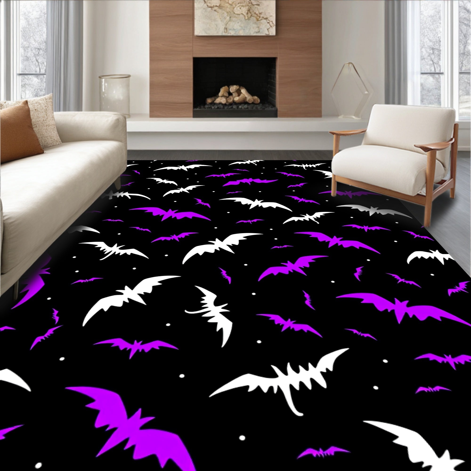 Purple White Bat Cosmic Night Rug