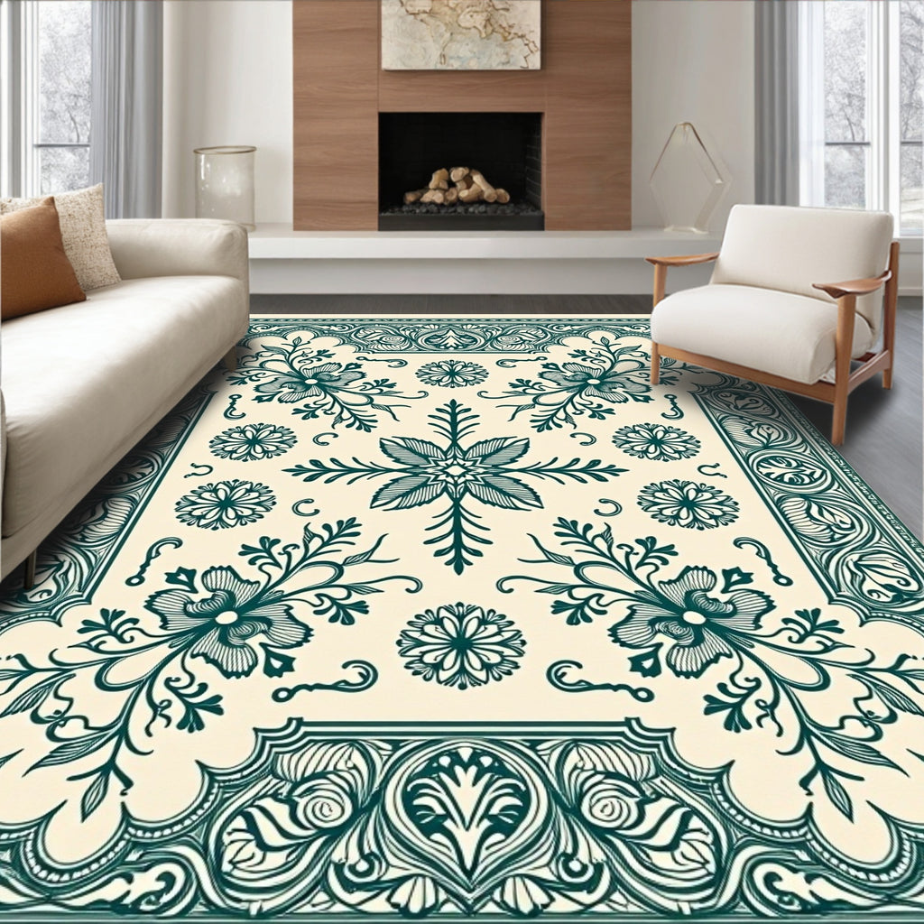 Teal Floral Vine Medallion Border Rug