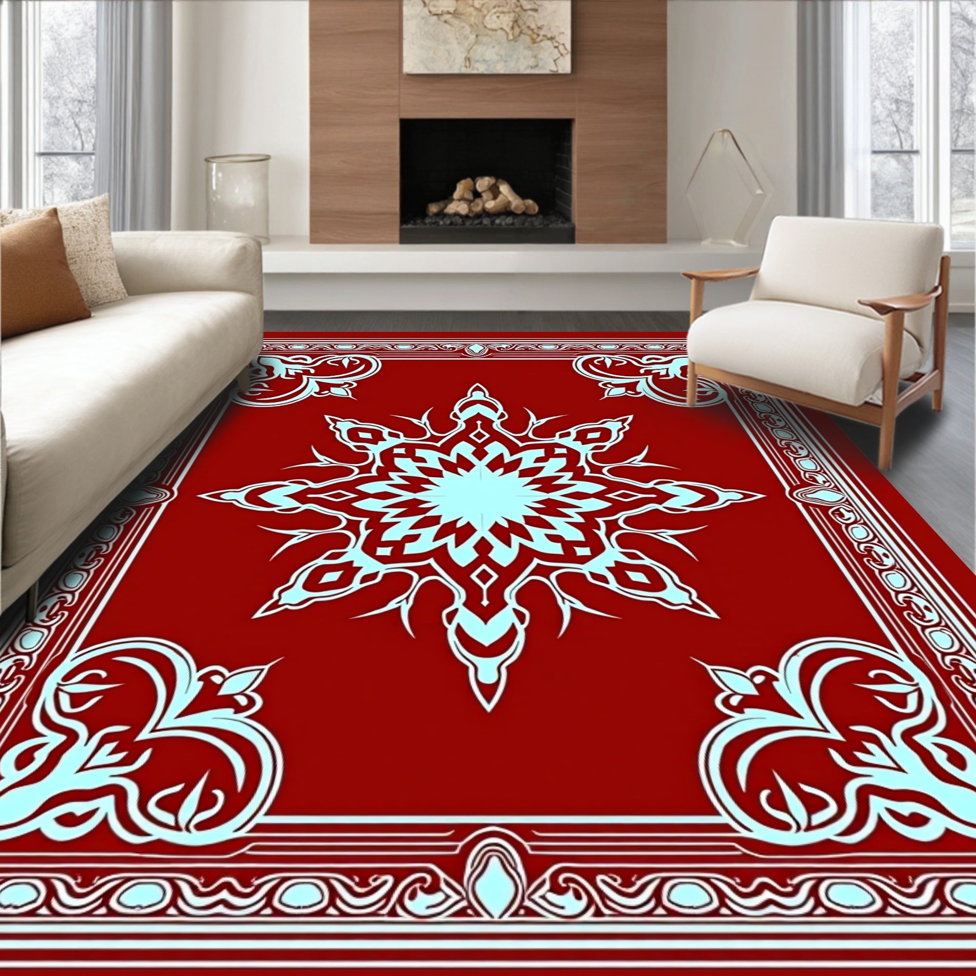 Ornate Red Cyan Starburst Medallion Rug