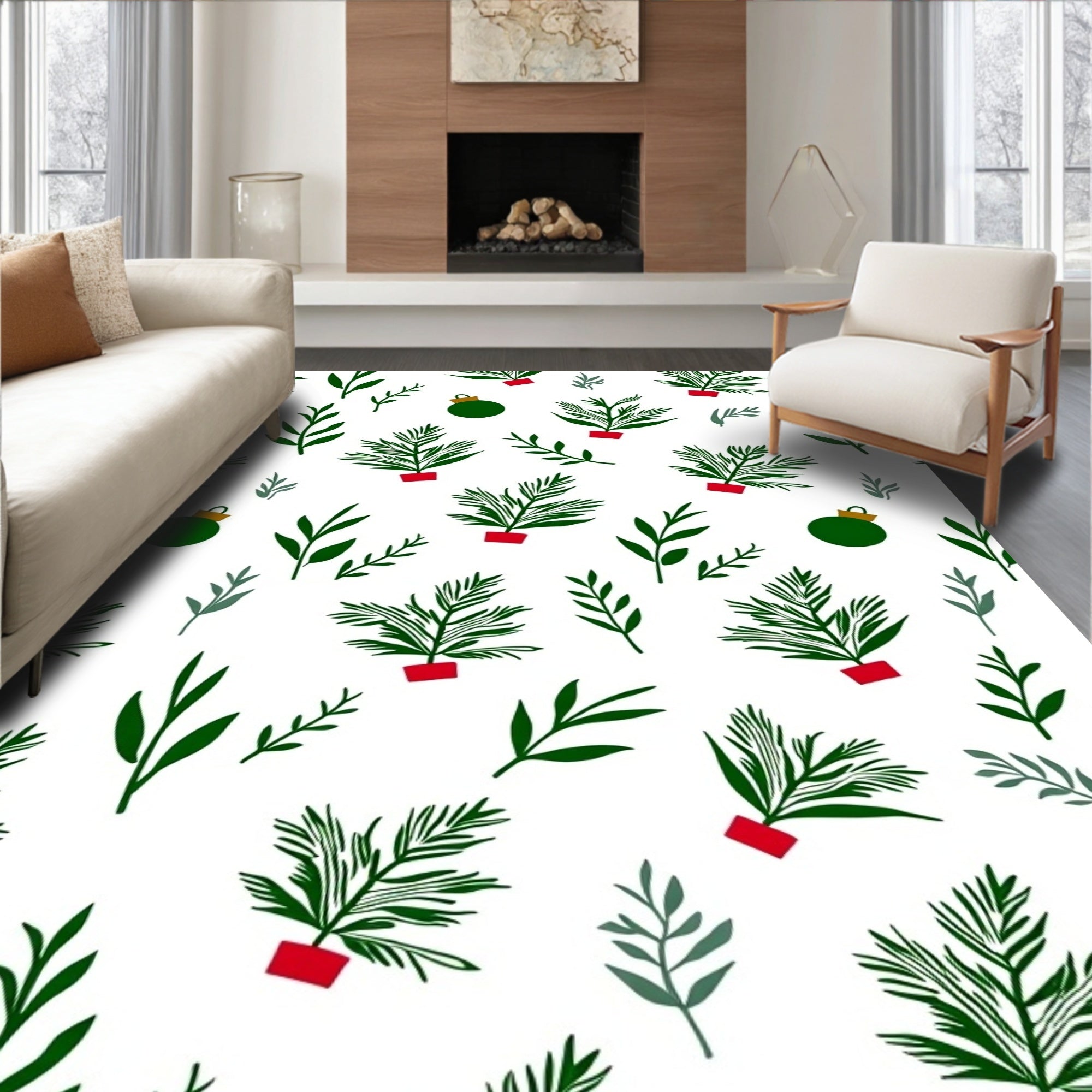 Green Pine Branches Christmas Baubles Rug