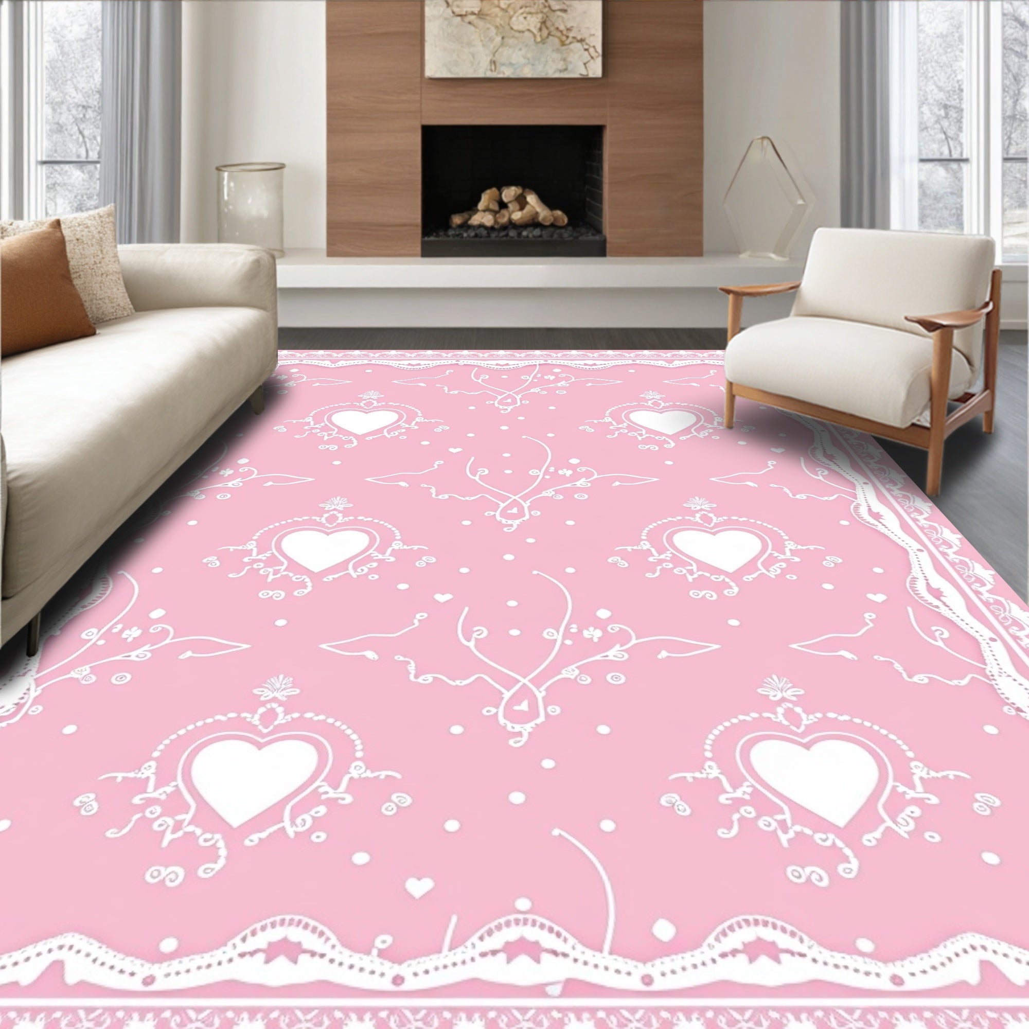 Pink White Heart Lace Border Rug