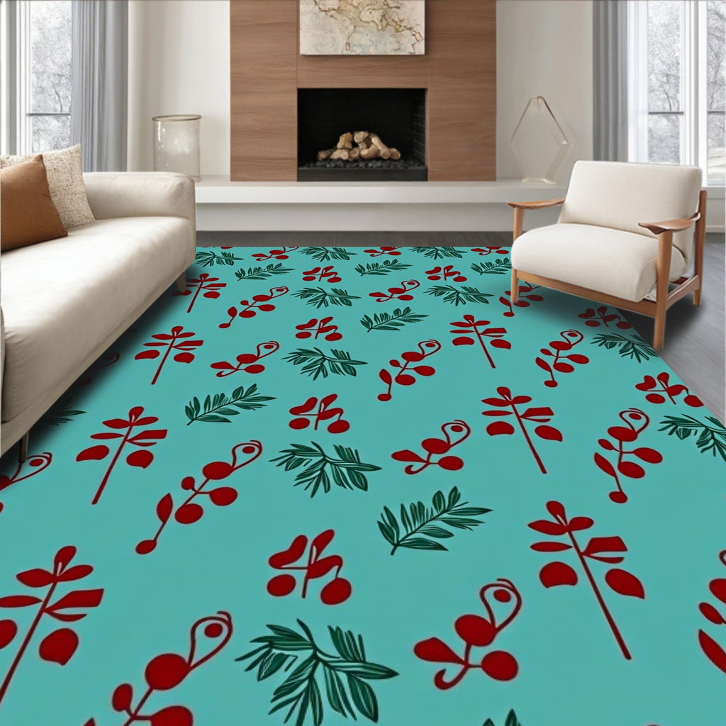 Red Branch Fern Teal Background Rug