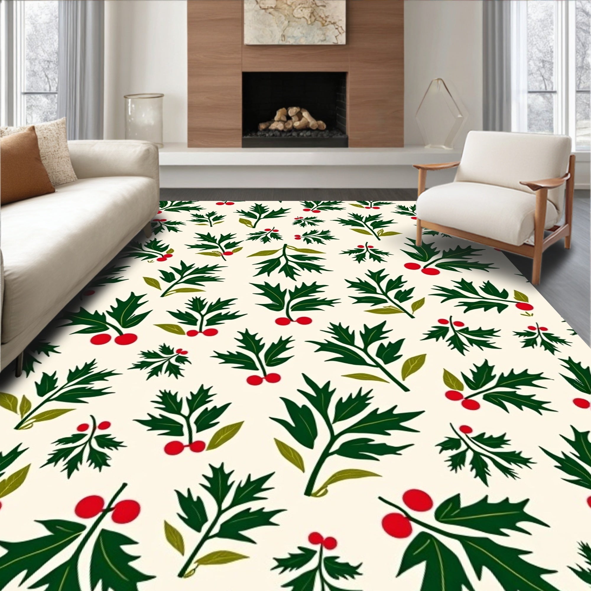 Green Holly Berries Festive Scatter Rug