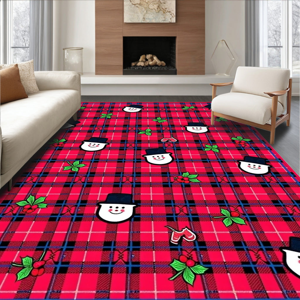 Red Plaid Snowman Holly Mittens Rug