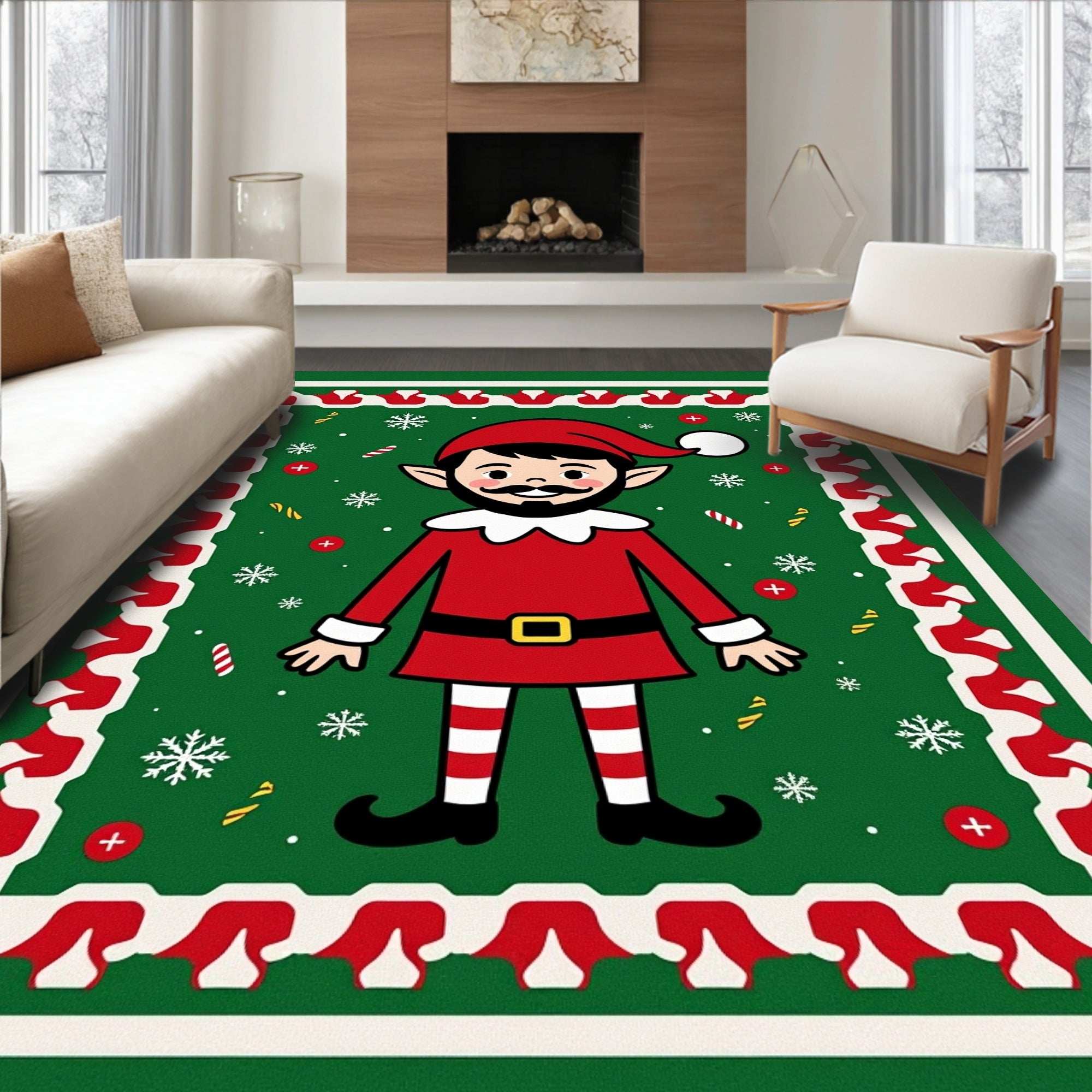 Festive Elf Christmas Holiday Snowflakes Rug