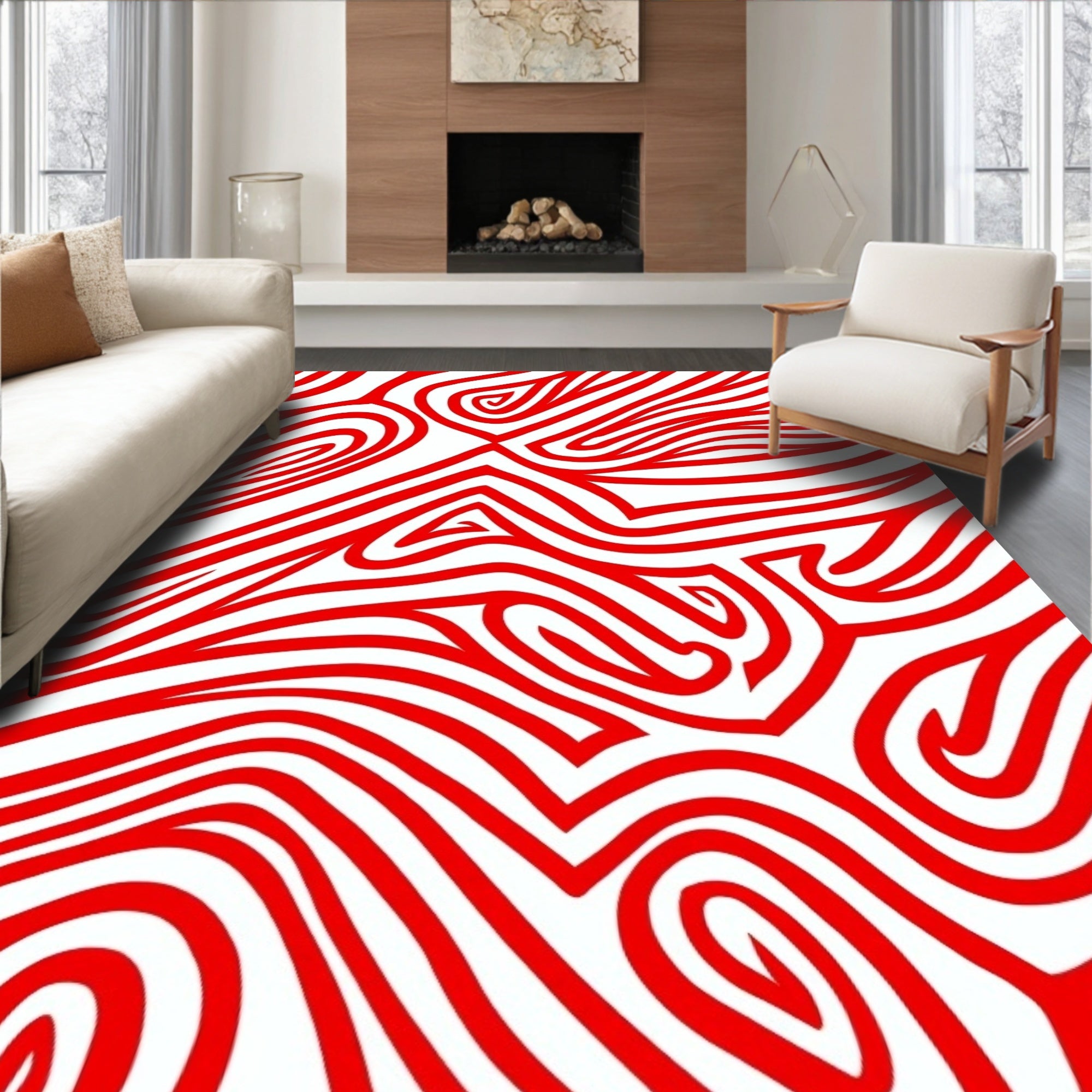 Bold Red Abstract Curving Lines Rug