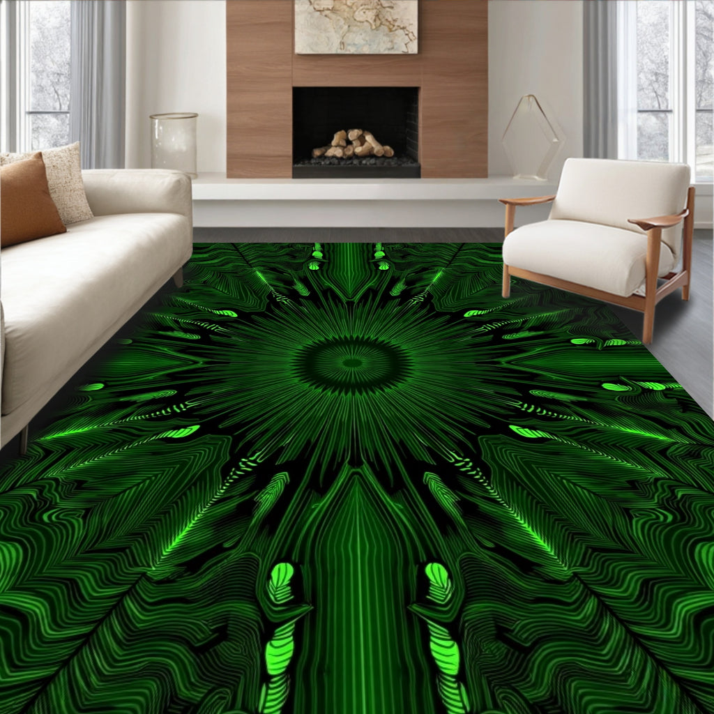 Vibrant Neon Green Abstract Radial Rug
