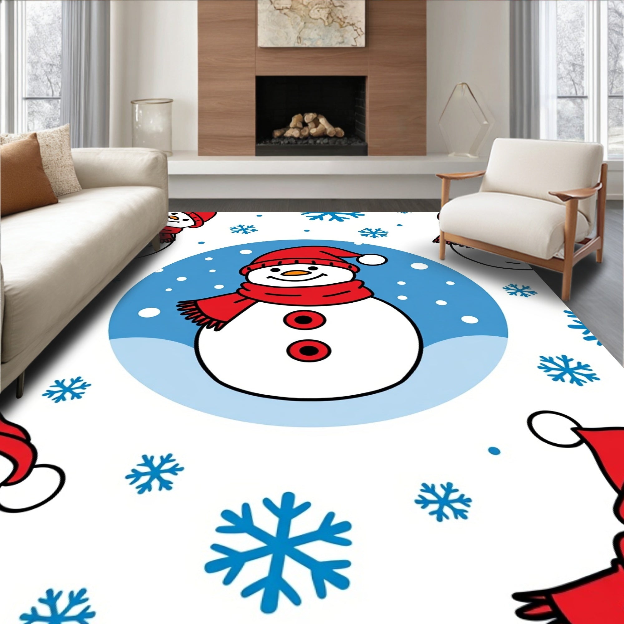 Joyful Red Snowmen Snowflake Cluster Rug
