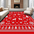 Vibrant Red Reindeer Snowflake Trees Rug