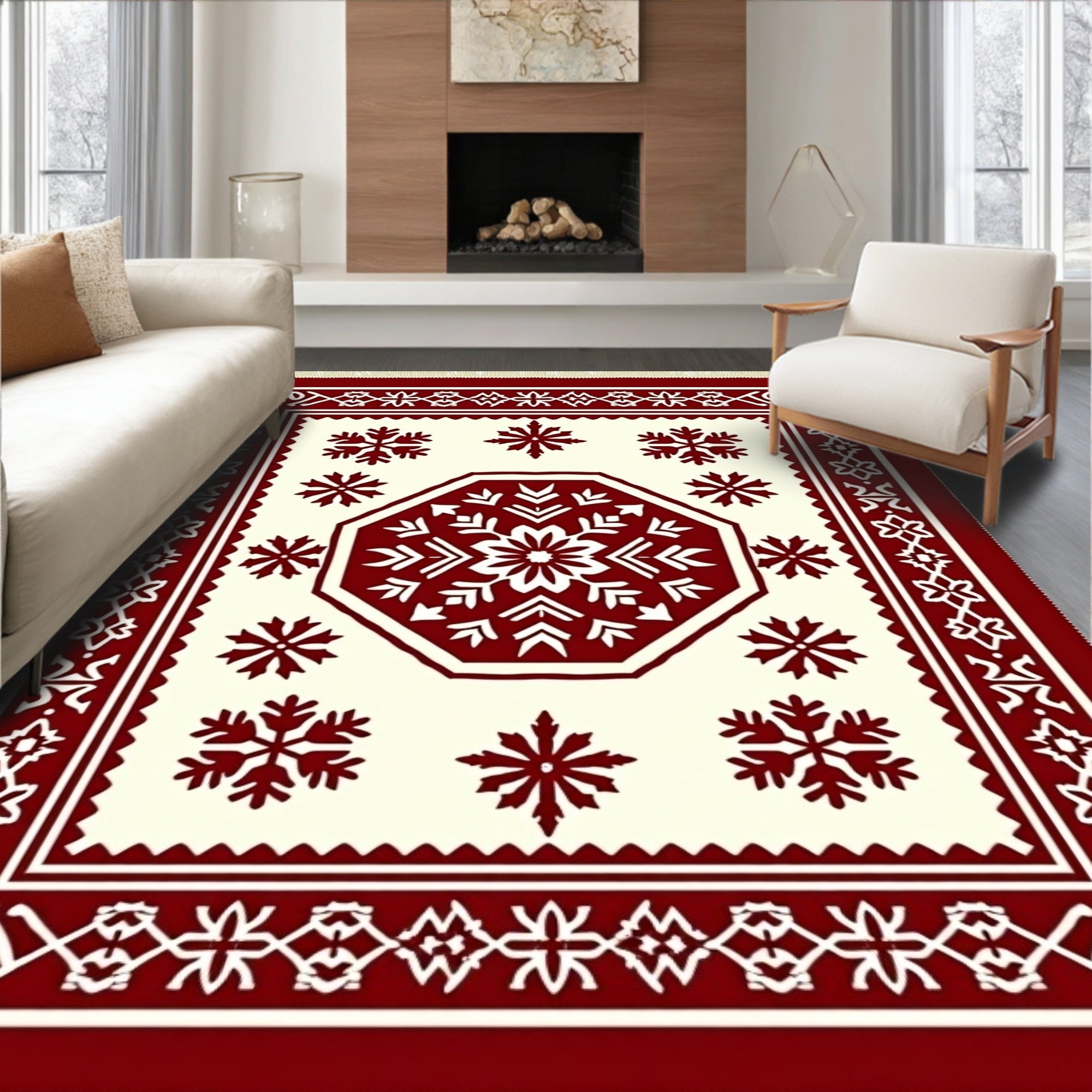 Crimson Snowflake Octagon Border Rug