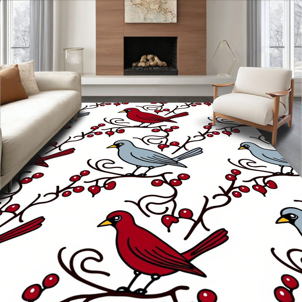 Red and Gray Birds Berries Branches Rug