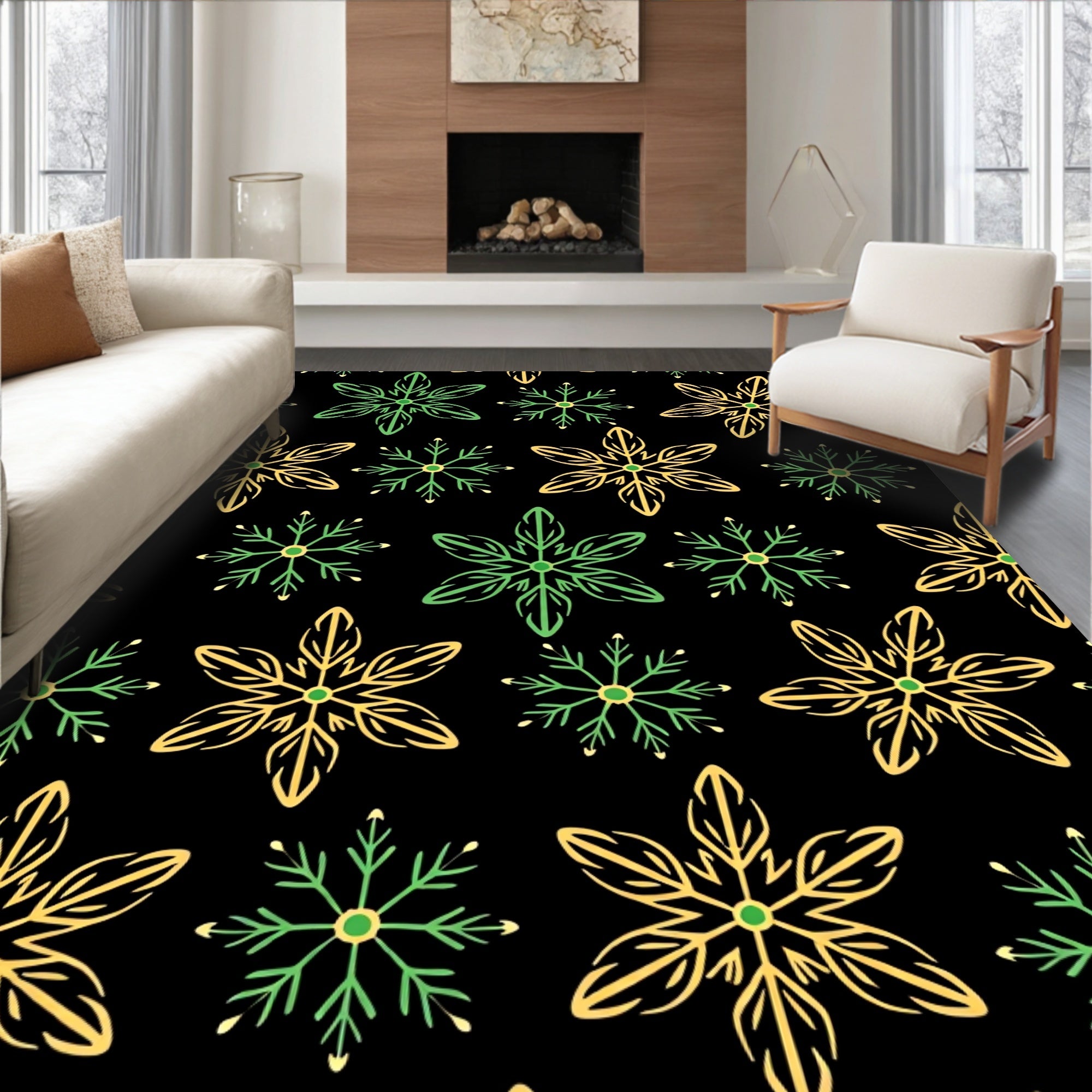 Yellow Green Snowflake Repeating Pattern Rug