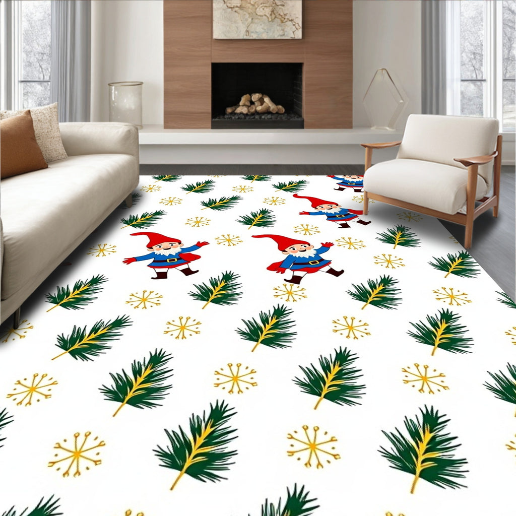 Festive Gnomes Pine Sprigs Gold Snowflakes Rug