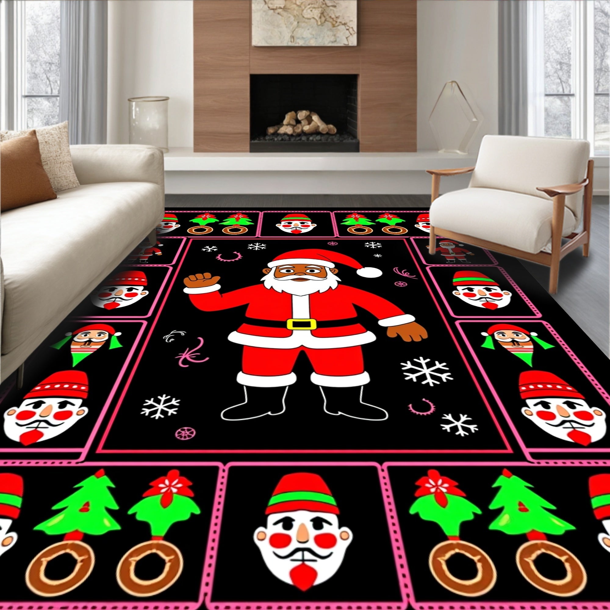 Festive Black Santa Christmas Border Rug