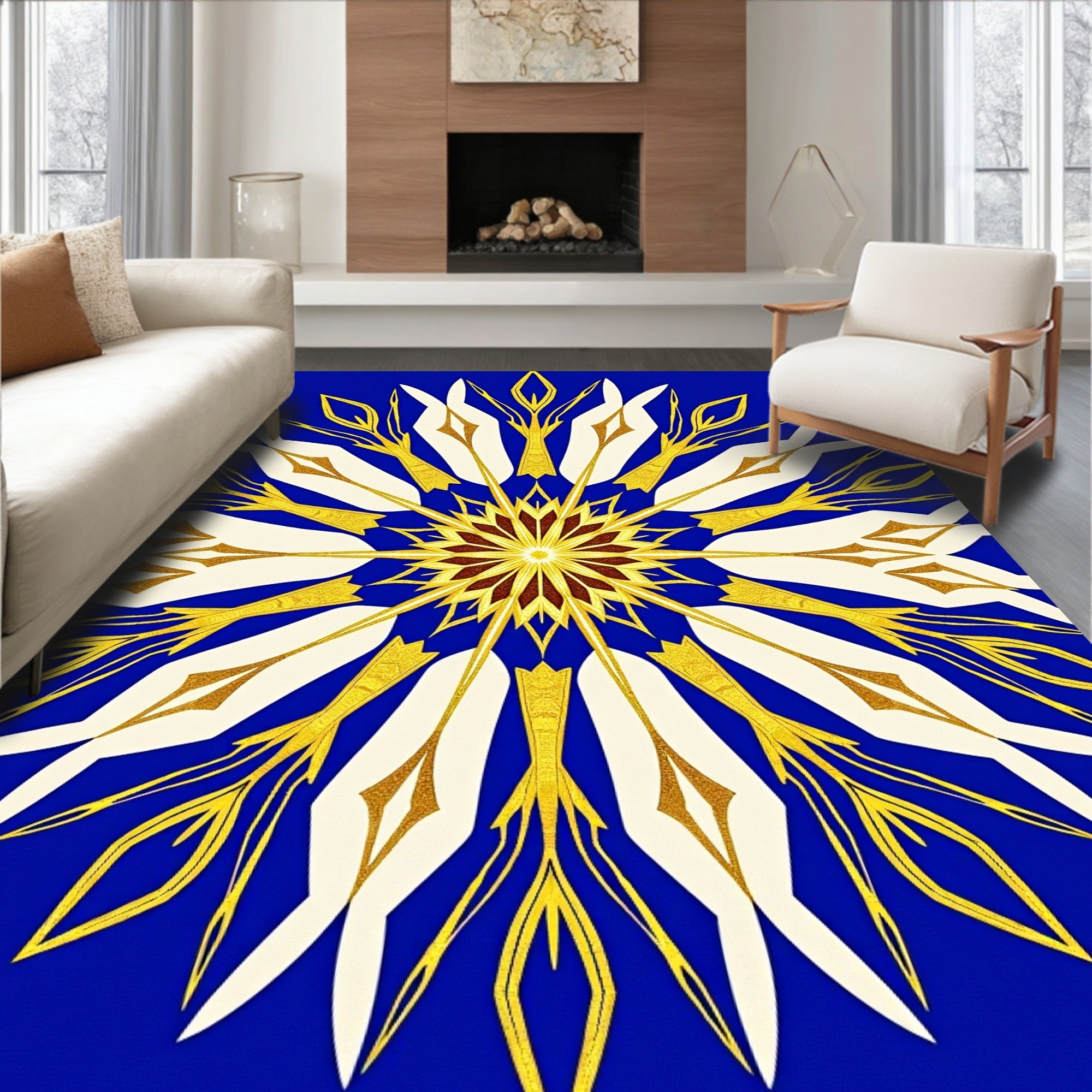 Golden White Starburst Kaleidoscope Rug