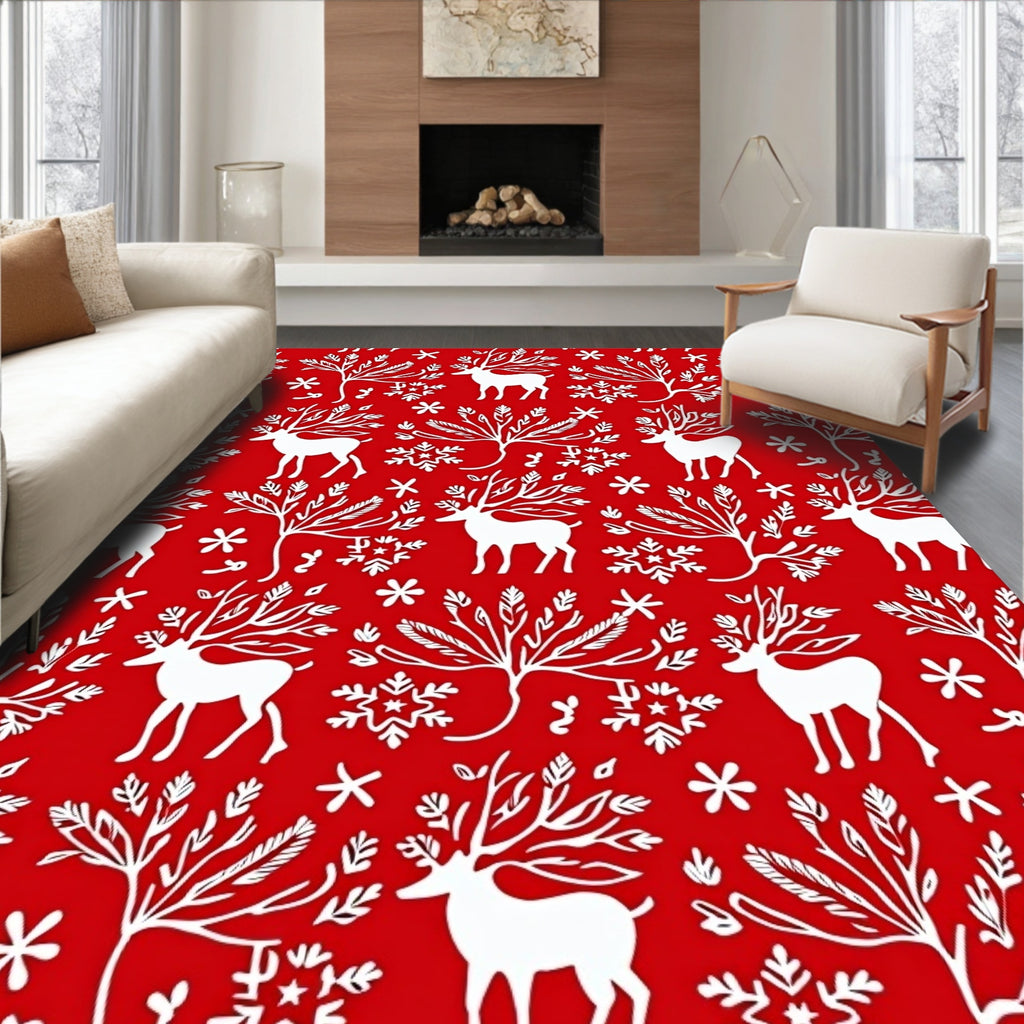 White Reindeer Snowflake Forest Scene Rug