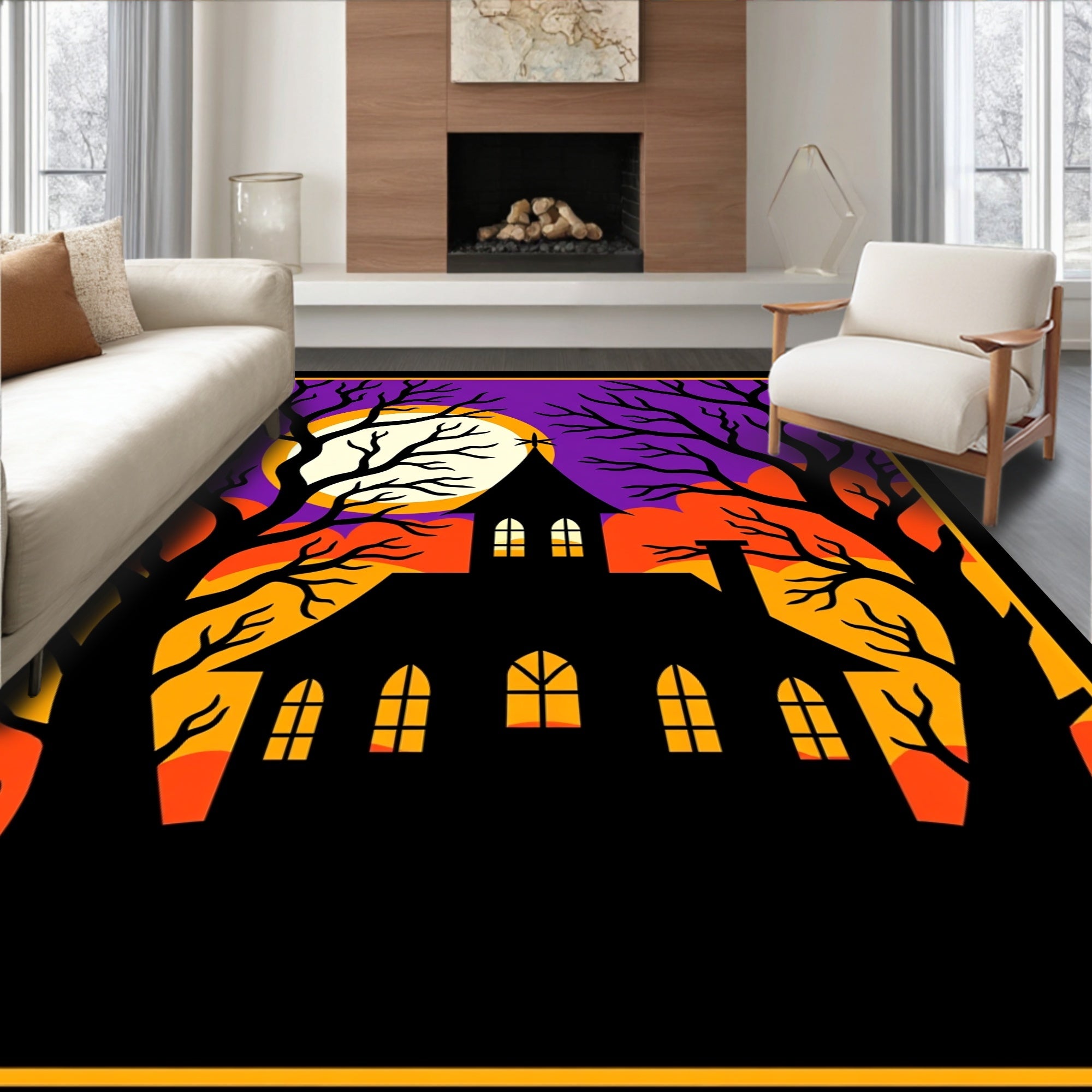 Spooky Black Victorian House Moonlit Night Rug