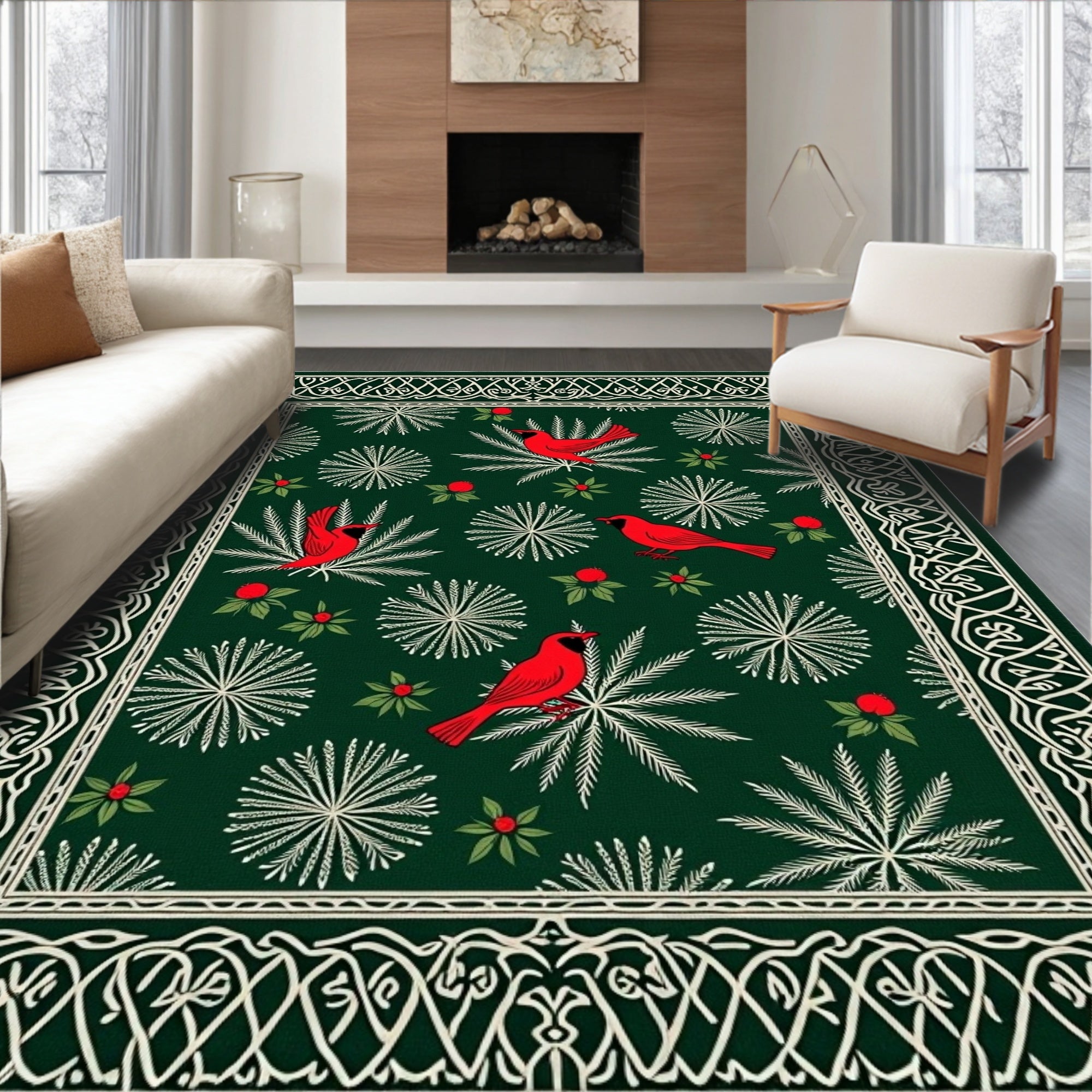 Red Cardinal Emerald Botanical Border Rug
