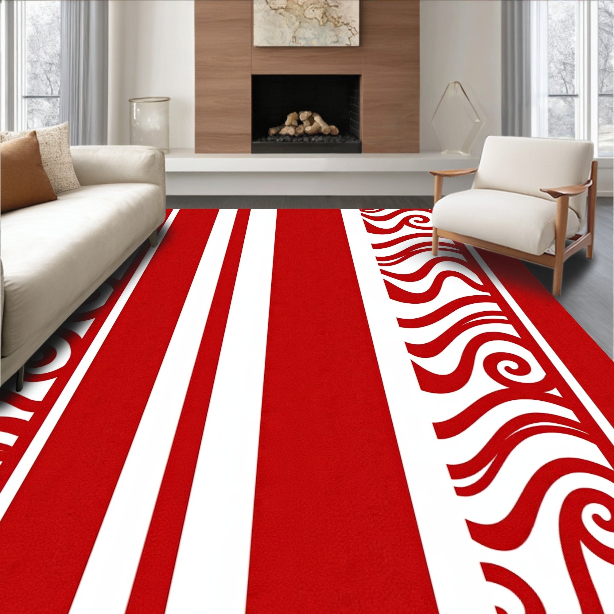 Bold Red White Striped Swirl Rug