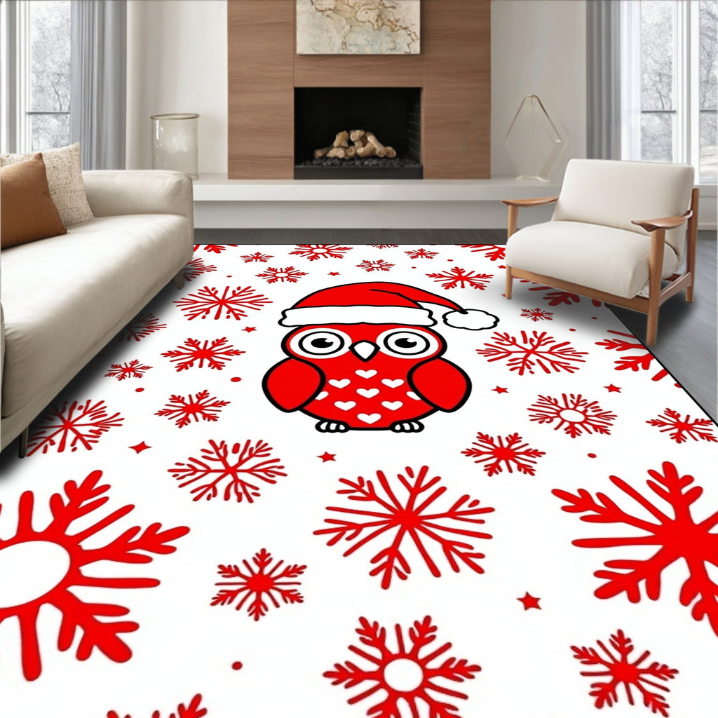 Red Festive Owl Snowflake Scene Rug