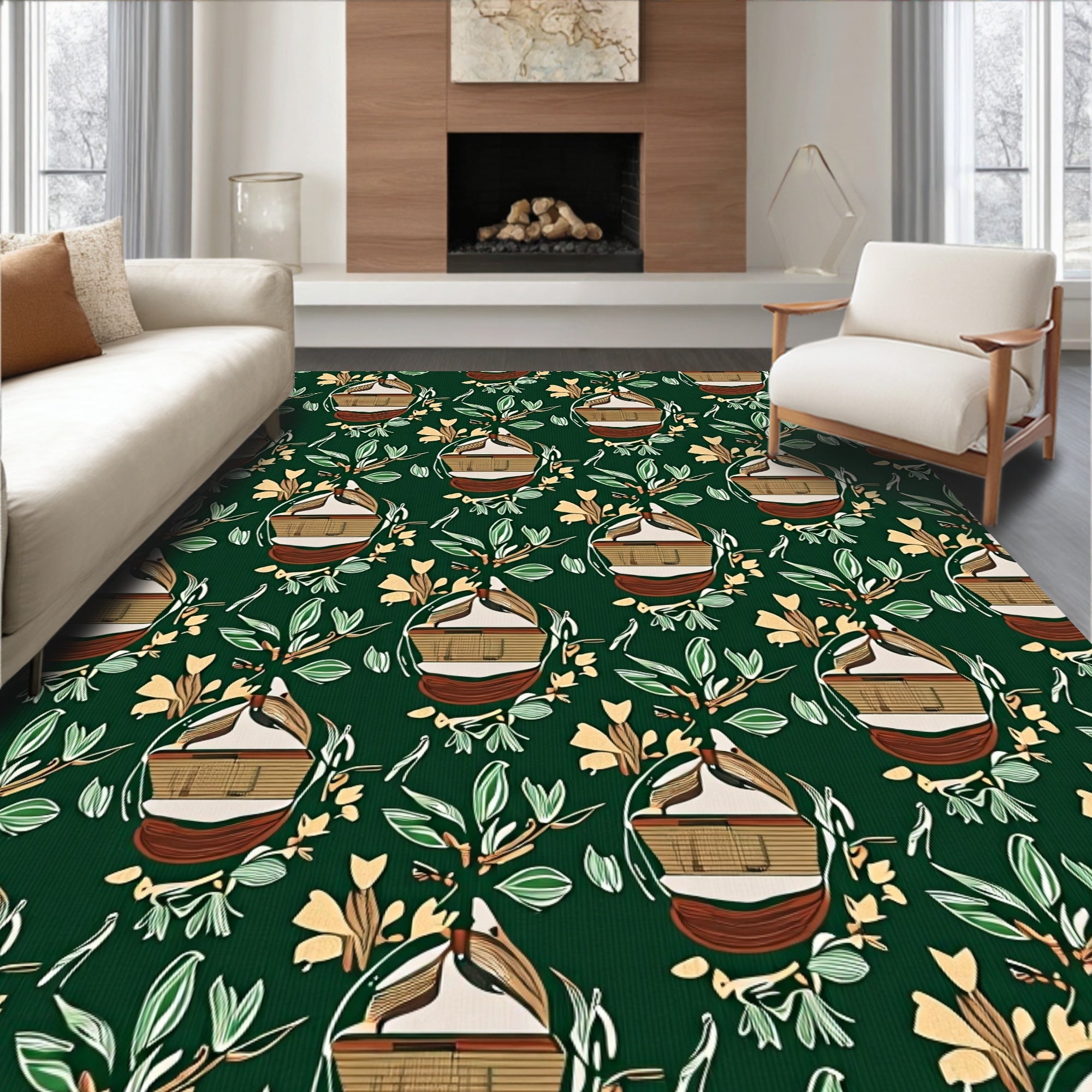 Leafy Green And Cream Nautical Motif Rug