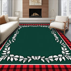 Red Black Plaid Leaf Border Rug