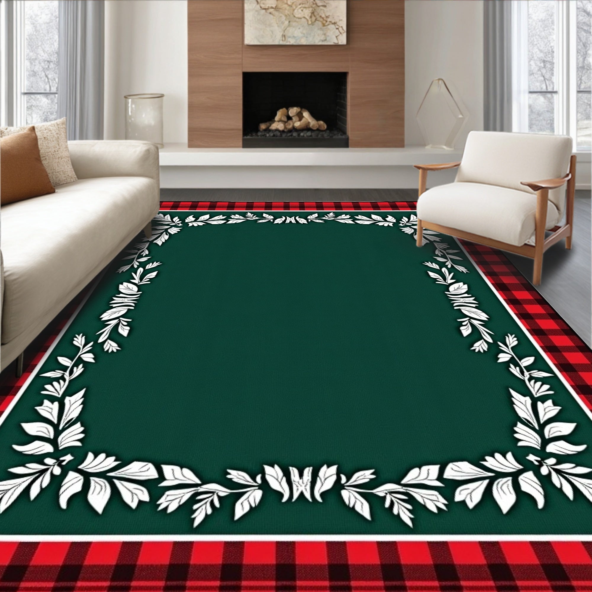 Red Black Plaid Leaf Border Rug