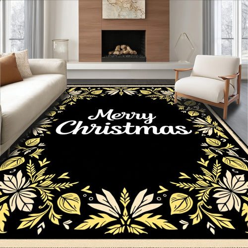 Black Floral Merry Christmas Accent Rug