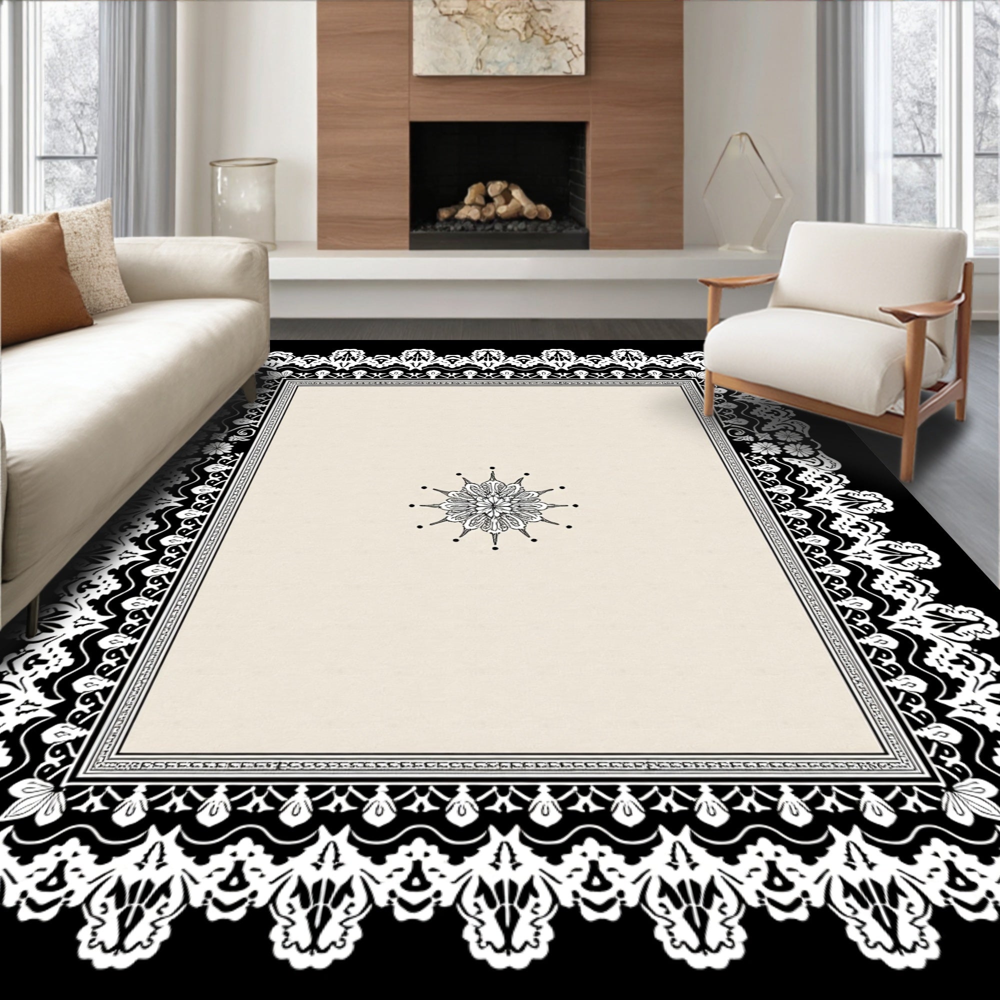 Cream and Black Floral Lace Rug