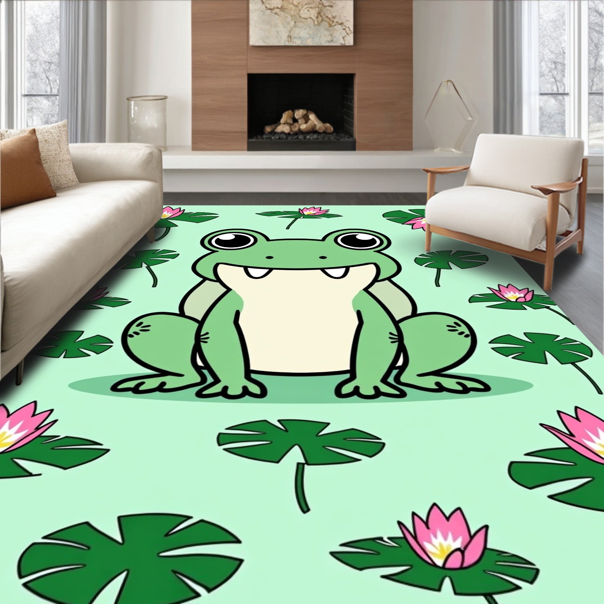 Whimsical Green Frog Lotus Pad Rug