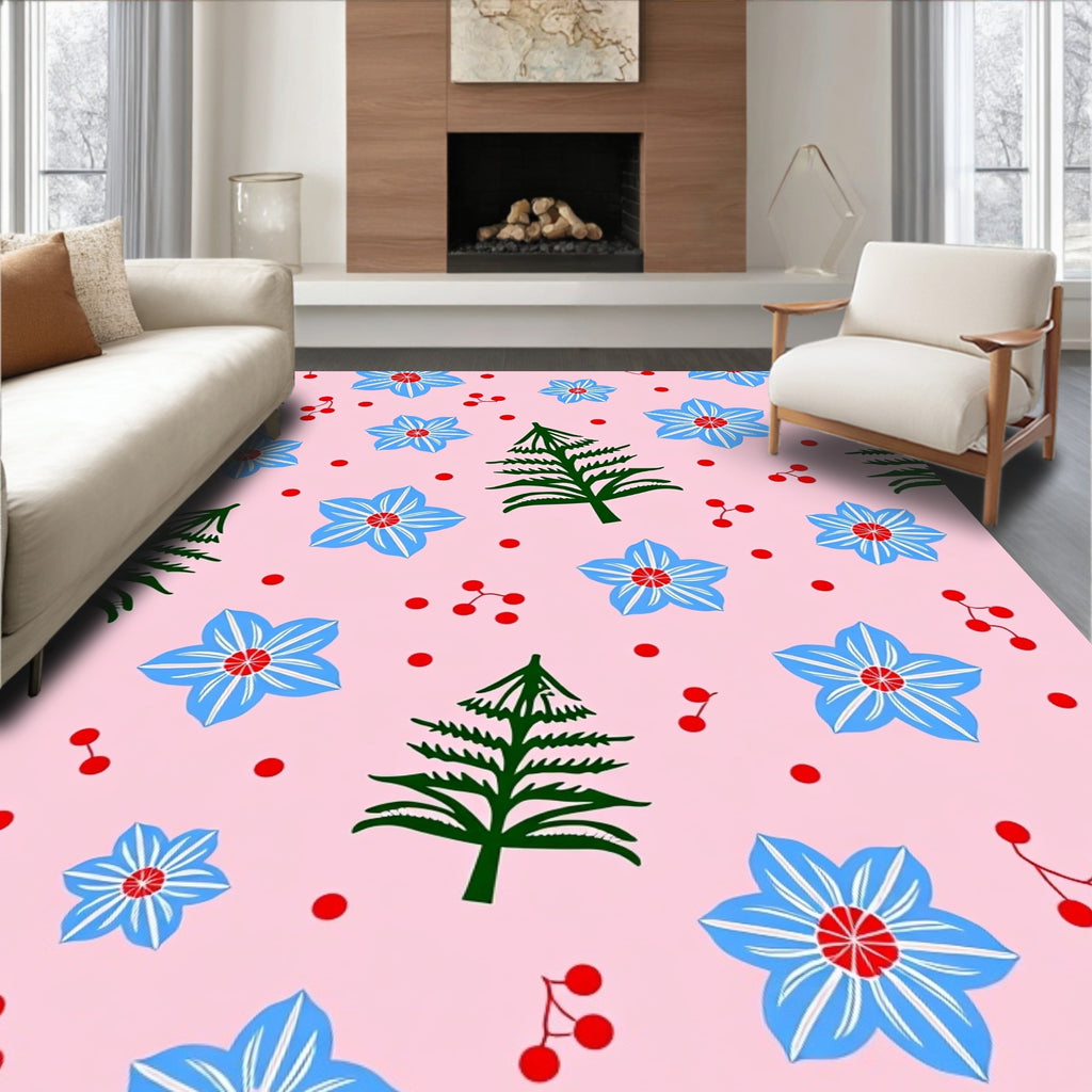 Pink Blue Floral Forest Holiday Rug