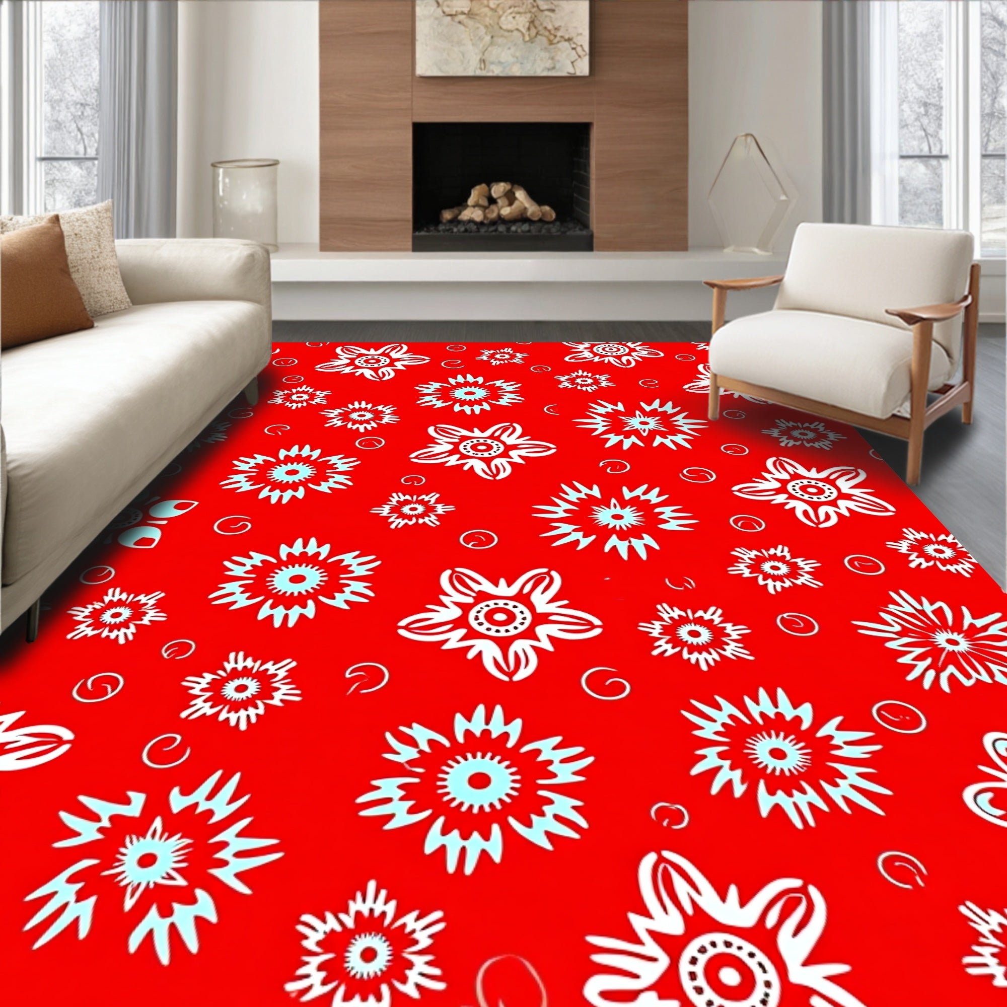 Red Floral Burst Starburst Rug